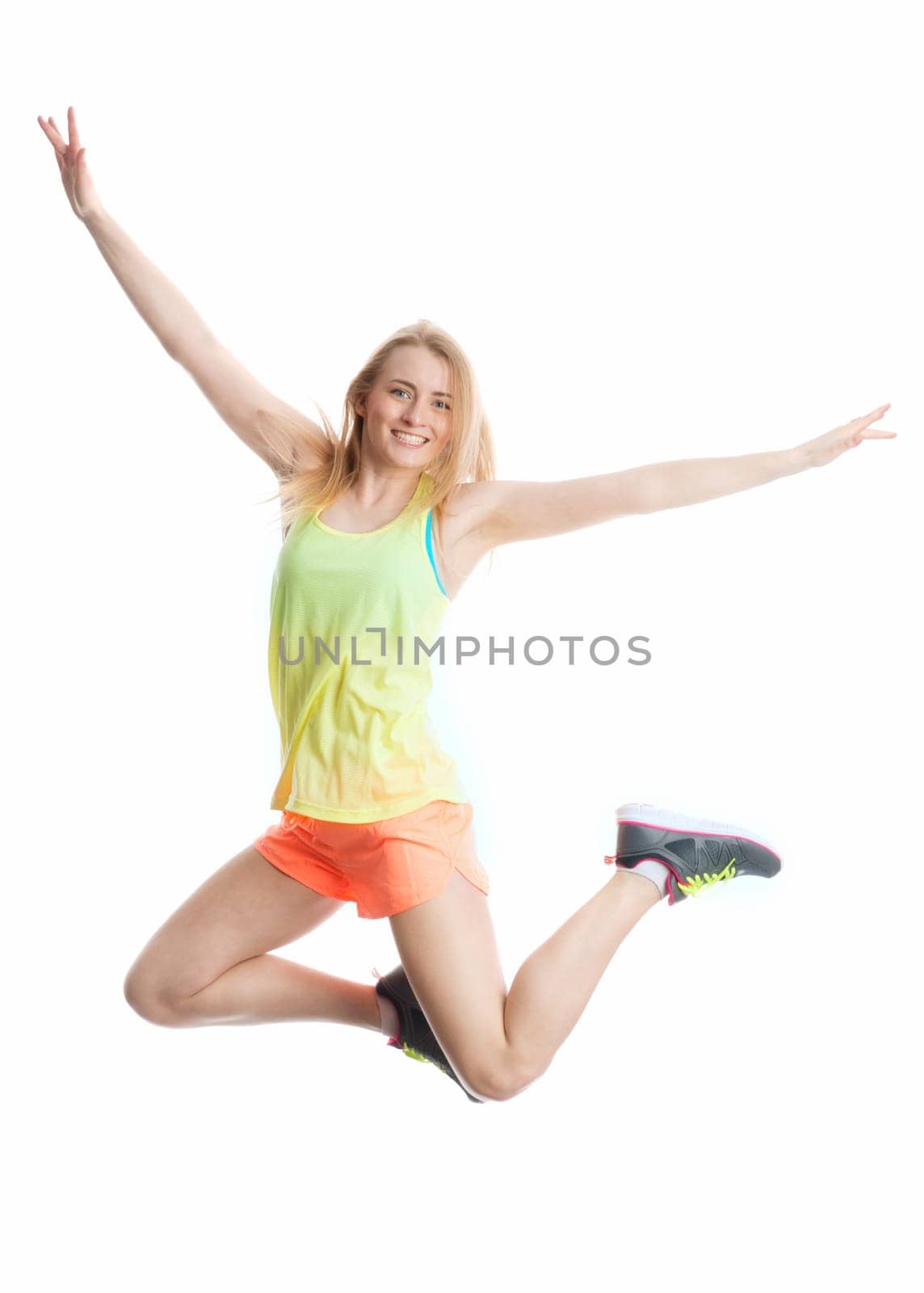 Blonde athlete takes a leap of joy