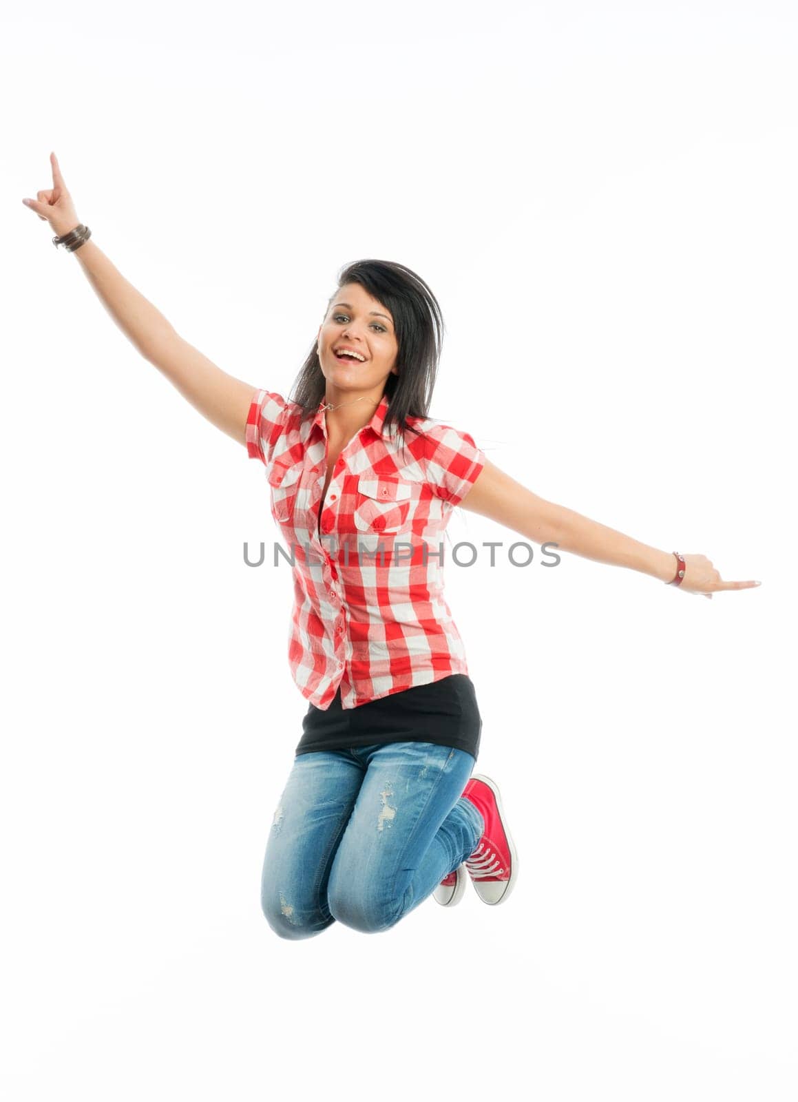 Black-haired girl makes leap of joy
