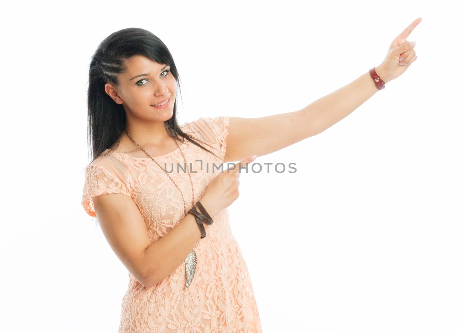 Black-haired girl points finger