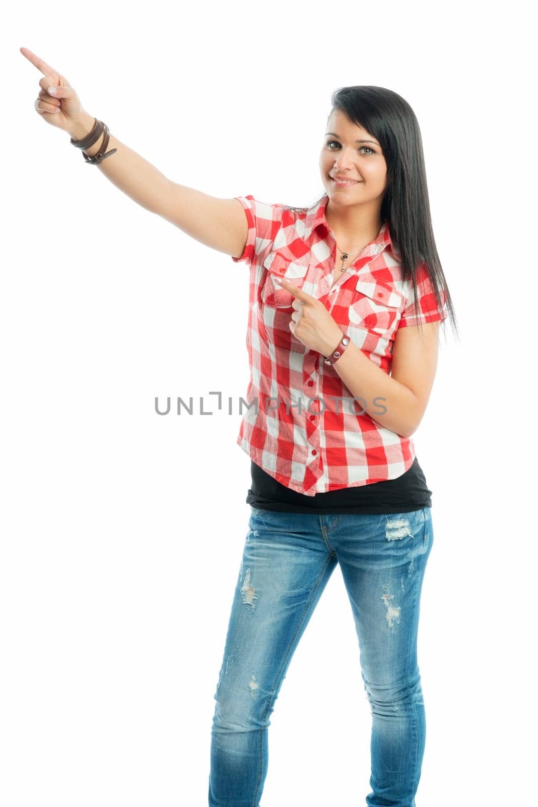 Black-haired girl points finger