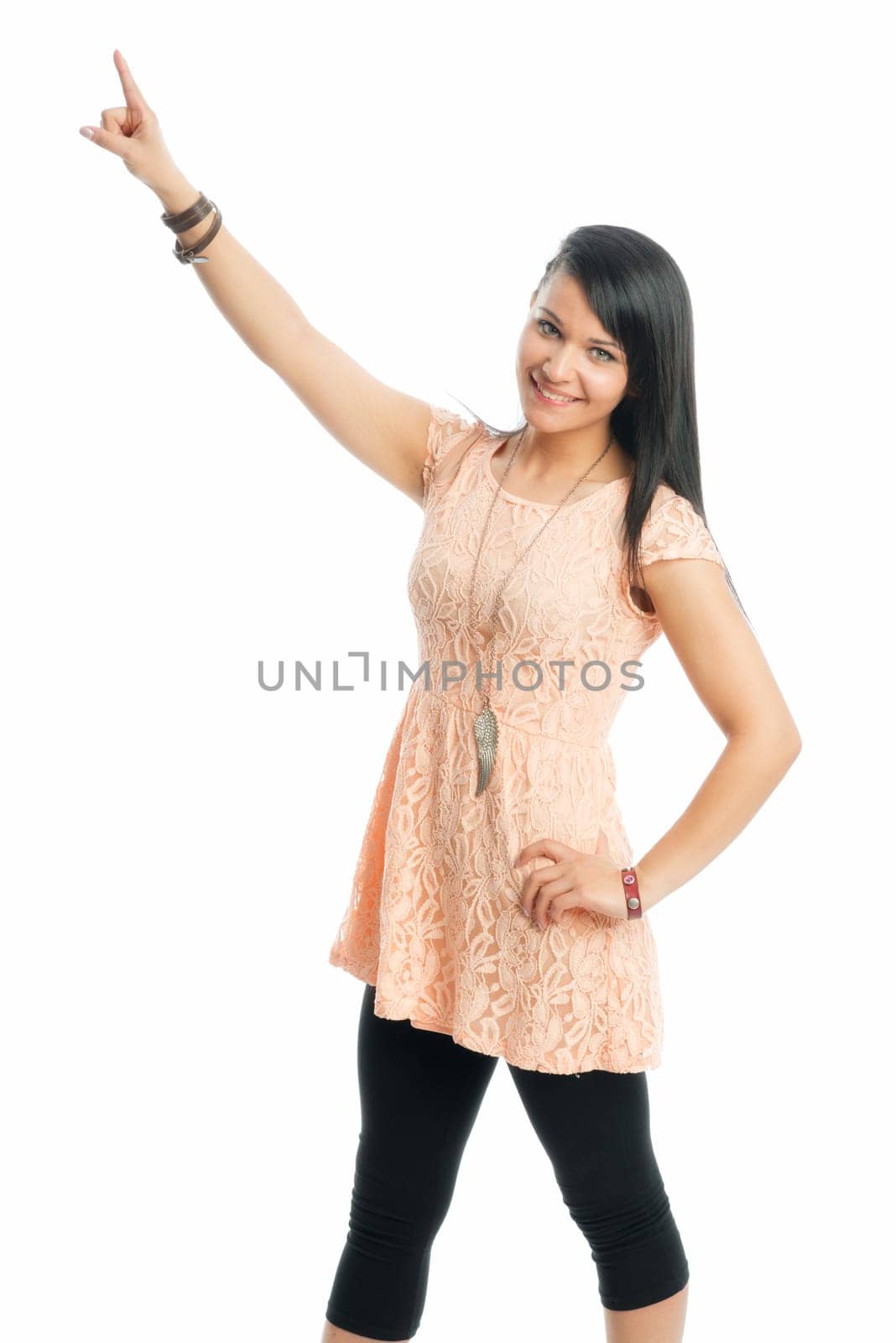 Black-haired girl points up