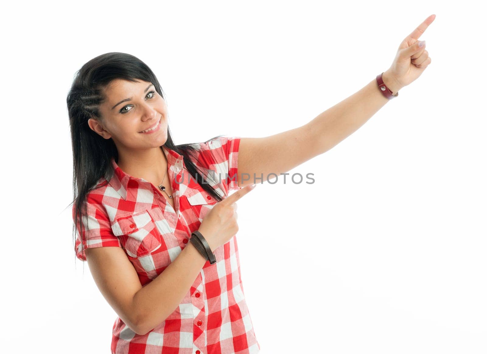 Black-haired girl points up