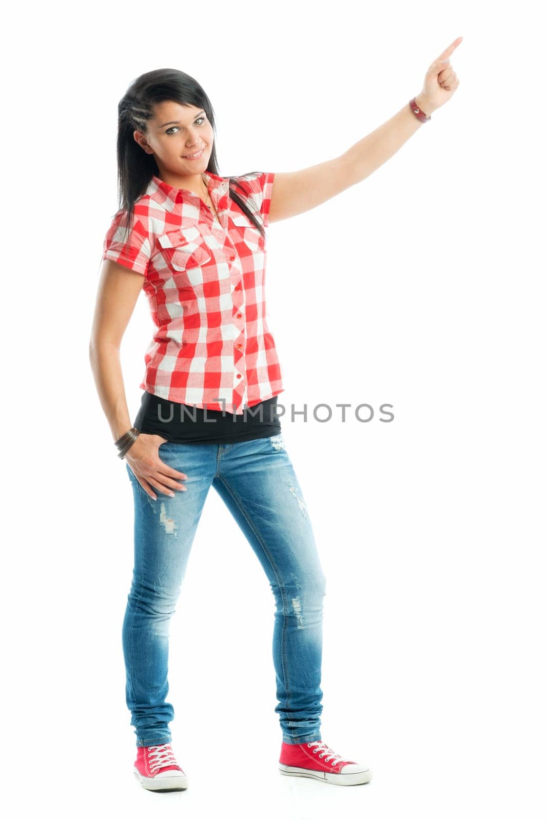 Black-haired girl points up