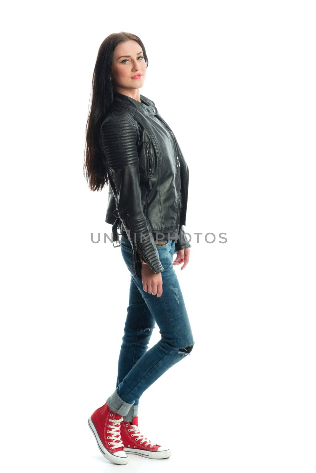 Young woman in leather jacket