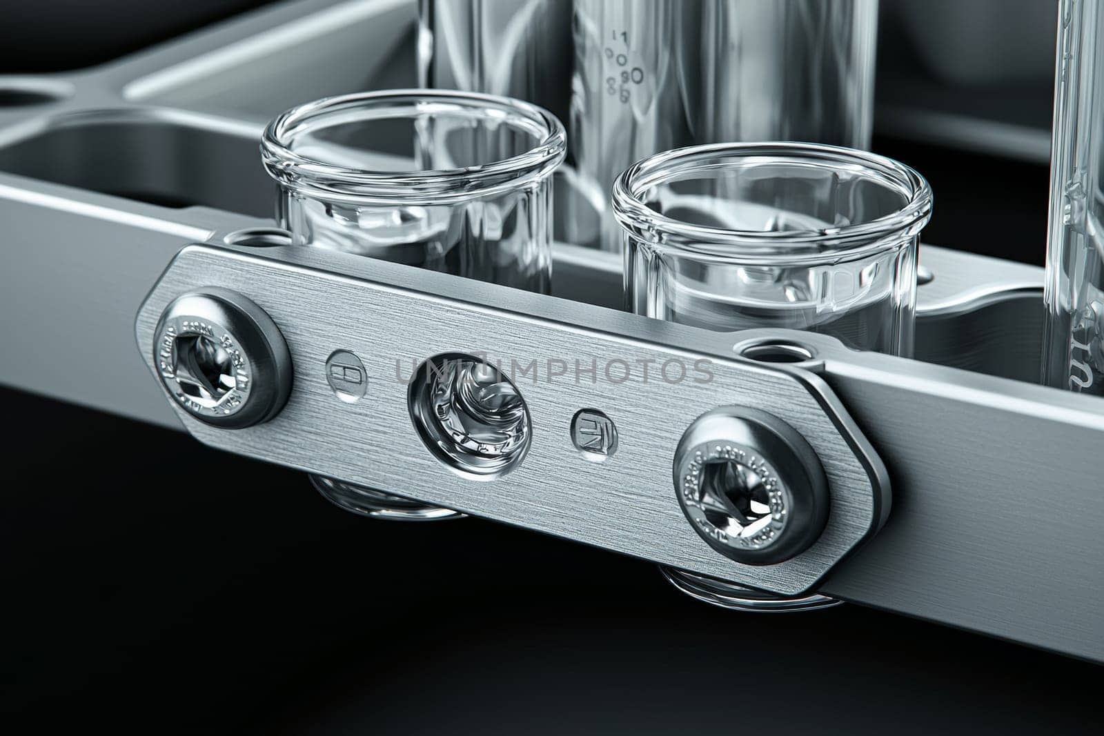 Clear glass containers are positioned in a metal frame, ready for use in laboratory experiments or chemical analysis activities.