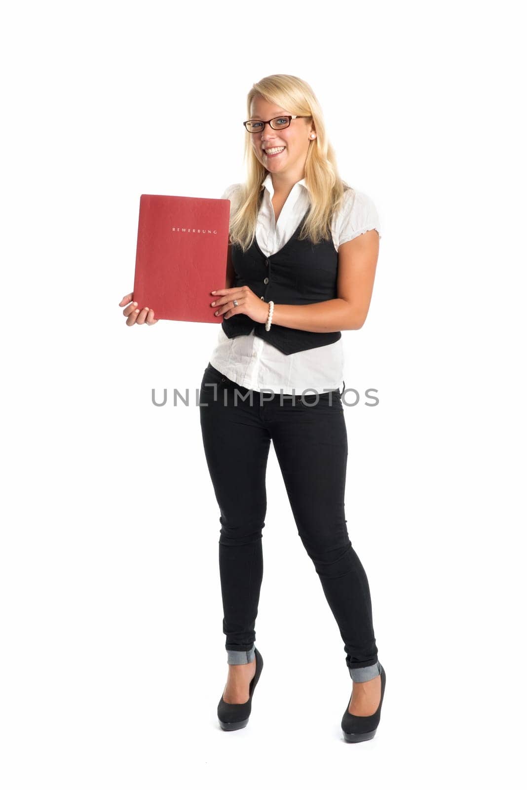 Blonde woman with application folder