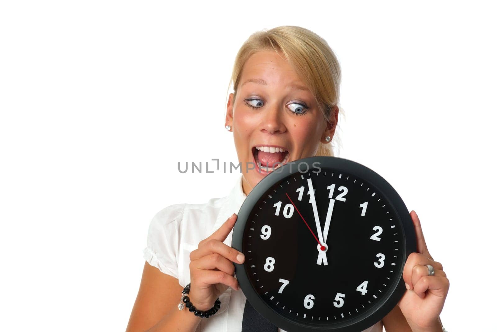 Woman holds a wall clock