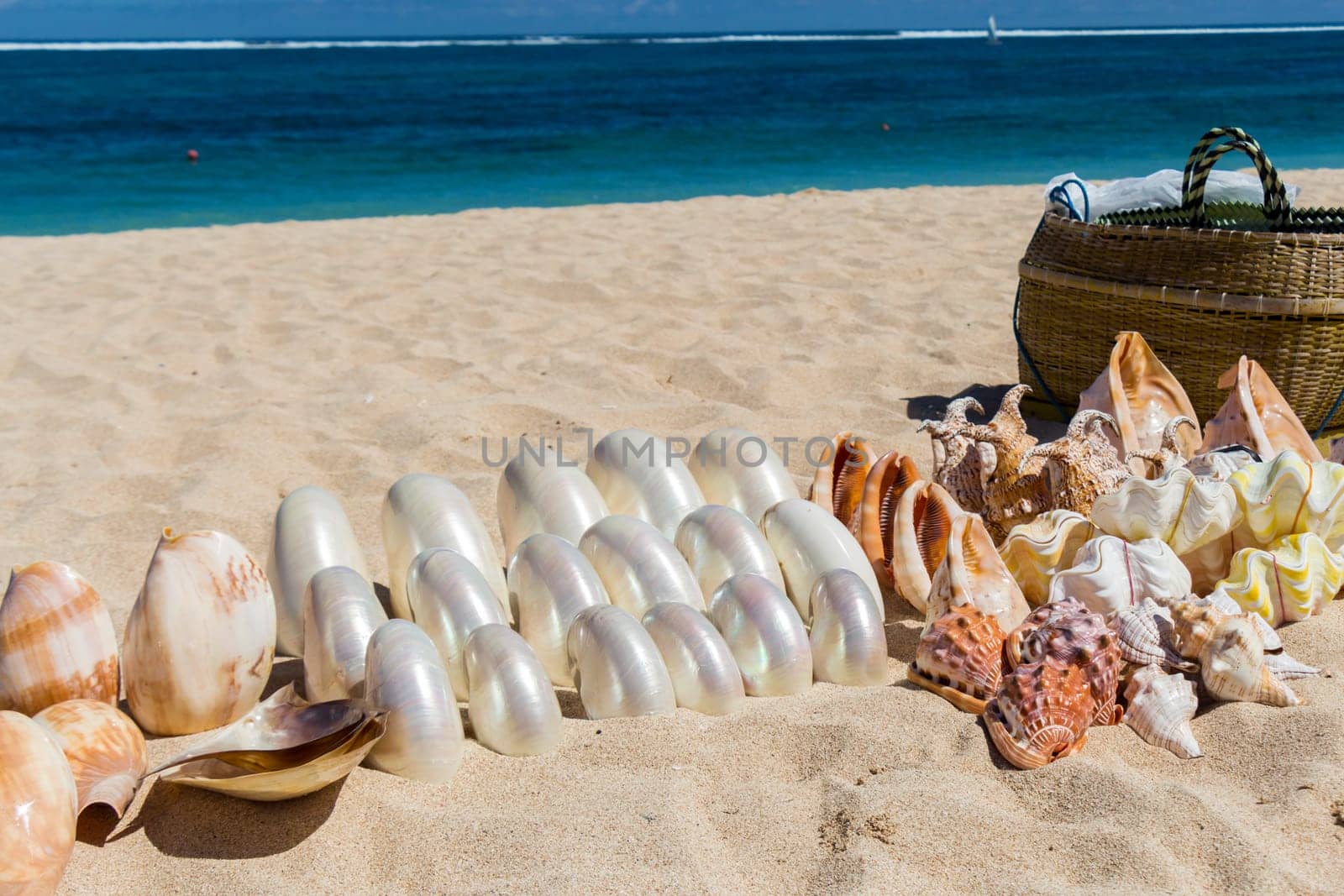 Collected mussels are put up for sale by souvenir dealers on the beach in Bali
