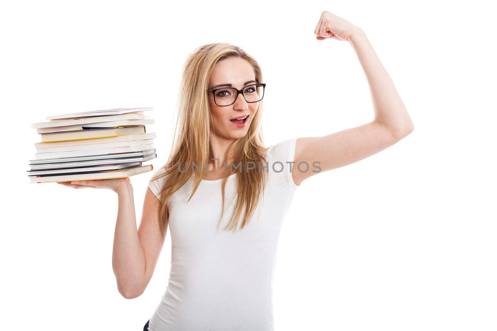Young blonde woman with long blonde hair with a stack of books on her arm isolated against a white background