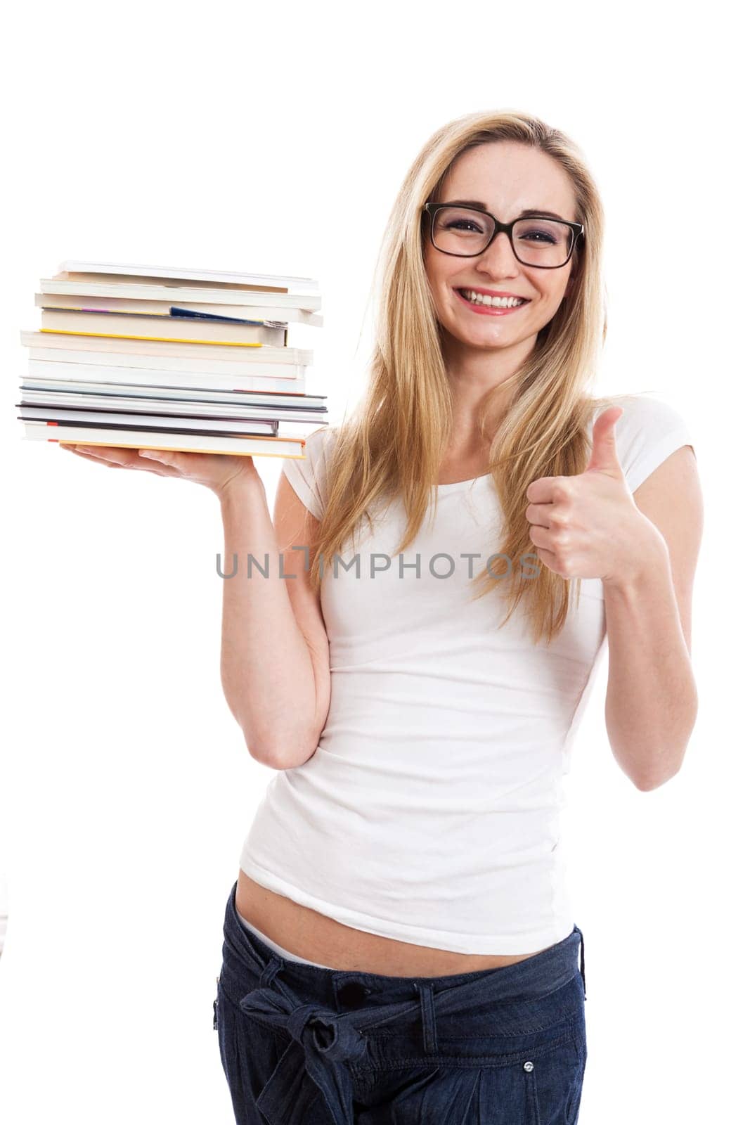 Young blonde woman with long blonde hair with a stack of books on her arm isolated against a white background