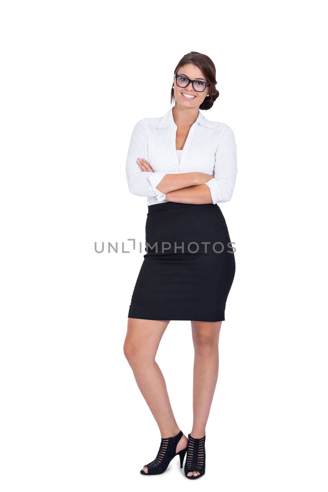 Young laughing businesswoman with dark hair isolated against white background
