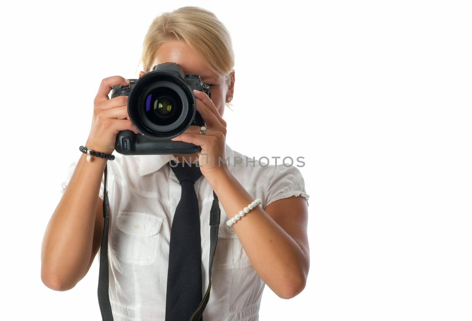 Blonde woman with camera