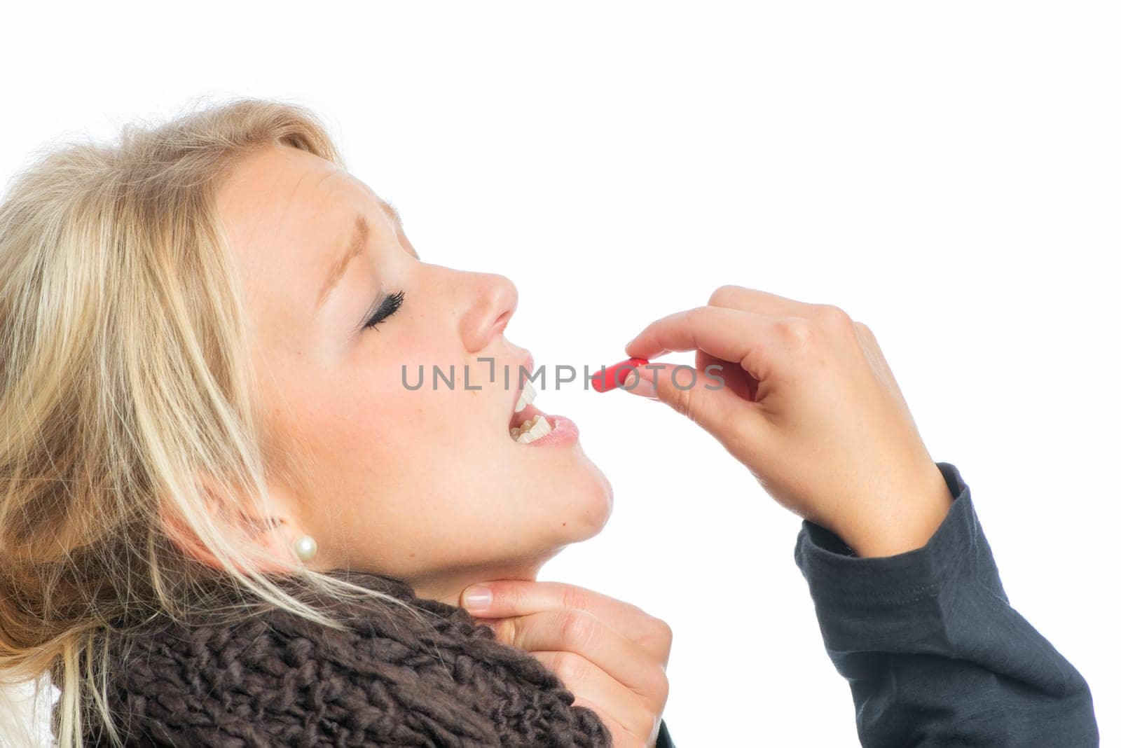 Sick blonde woman with medication