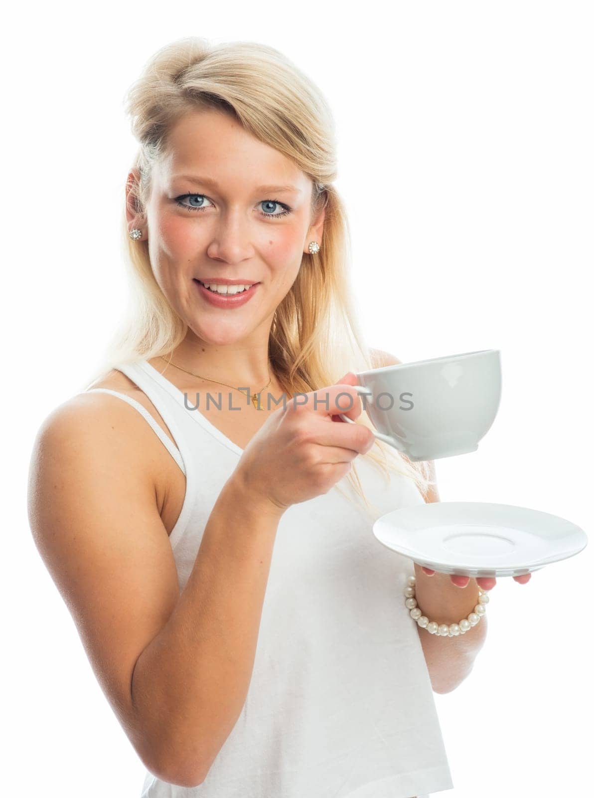 Blonde woman with coffee cup