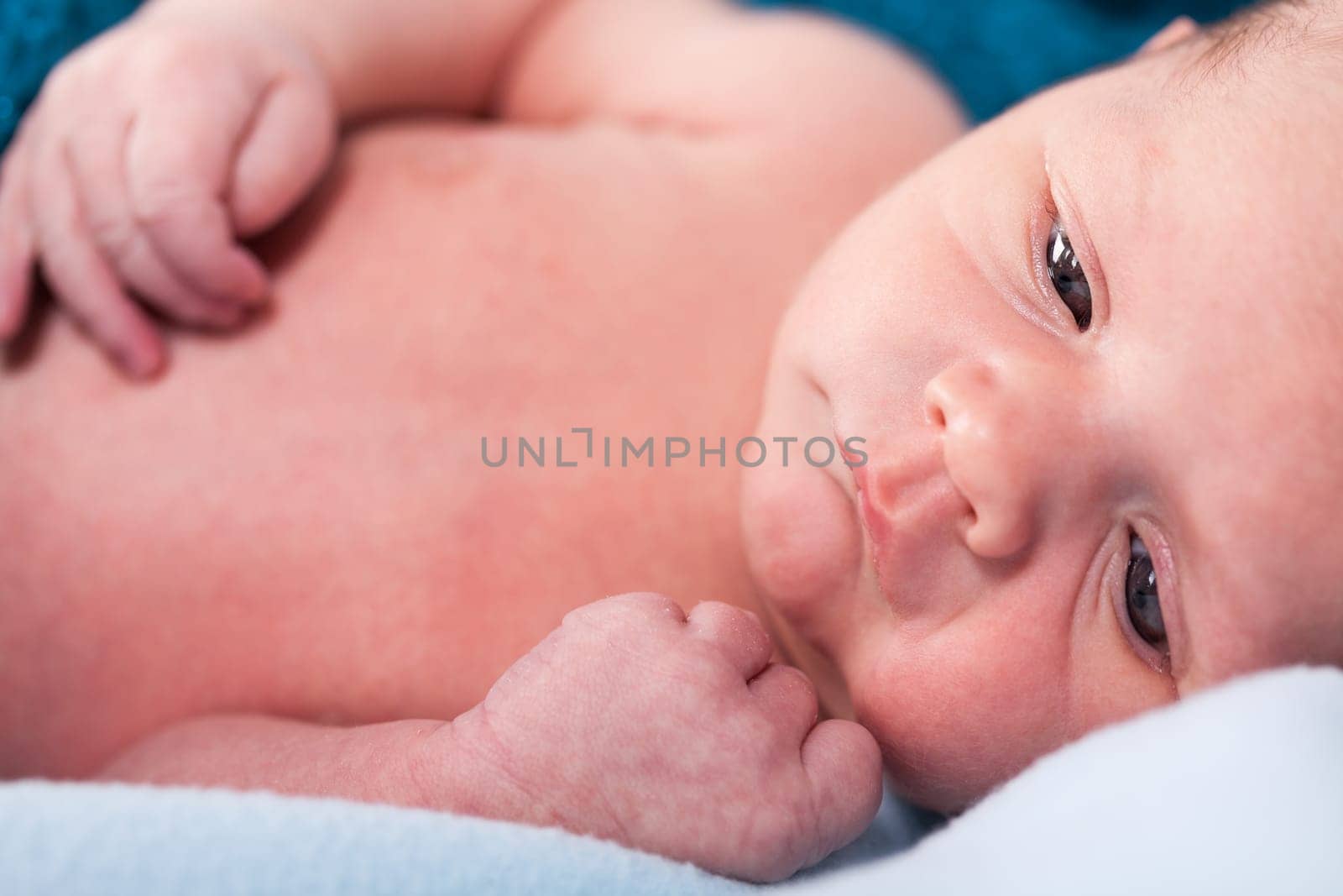 Newborn baby wrapped in a scarf sleeps naked as a close-up