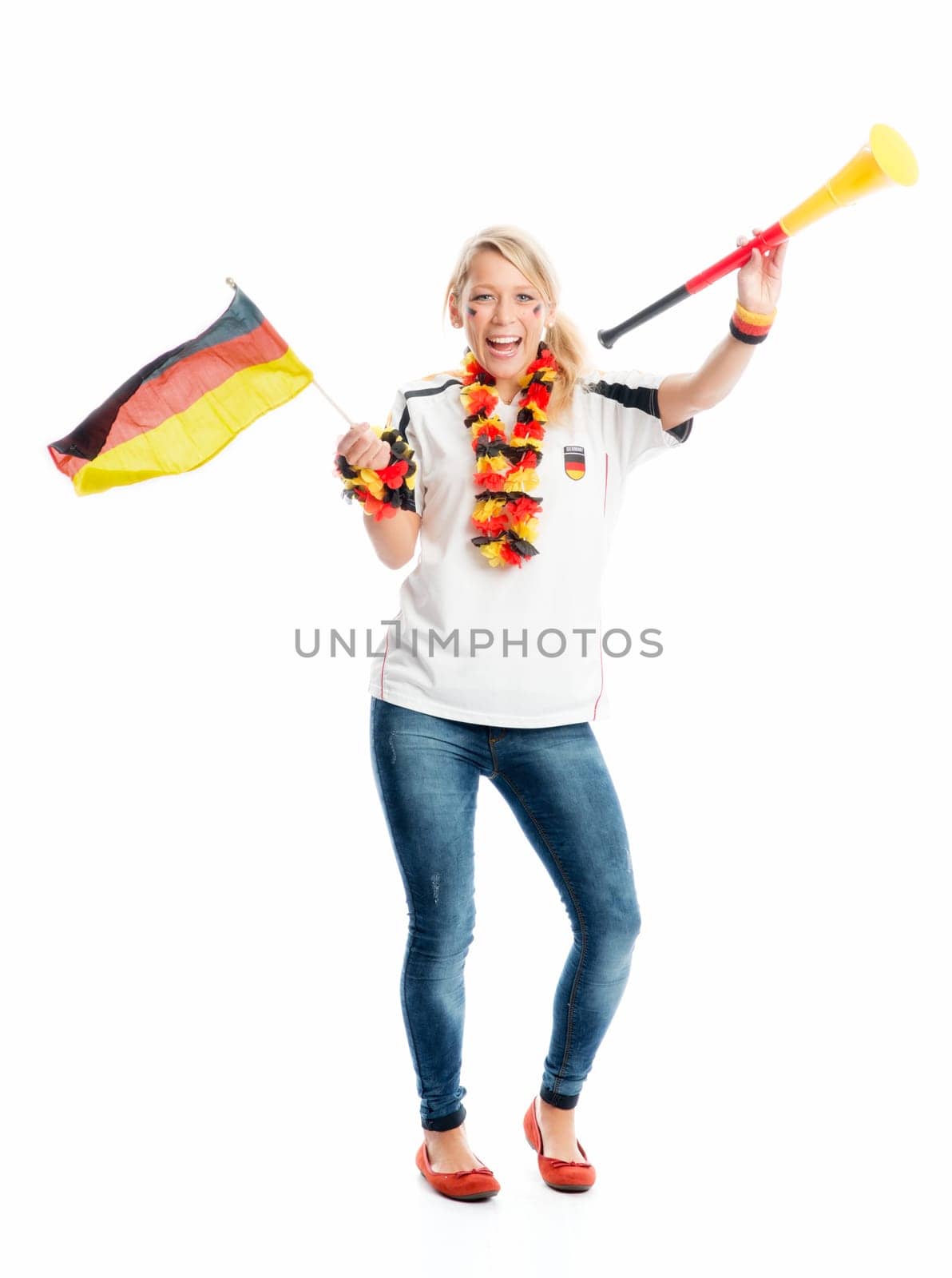 Blonde football fan with Vuvuzela