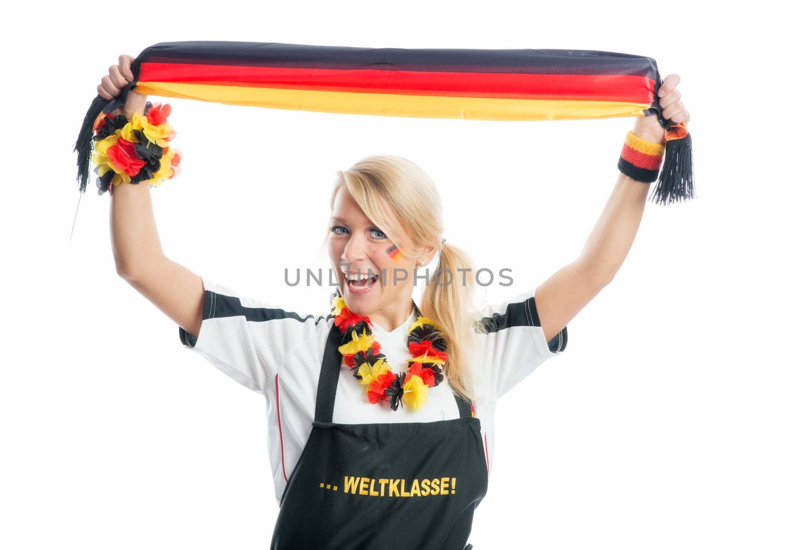 Blonde football fan with fan scarf
