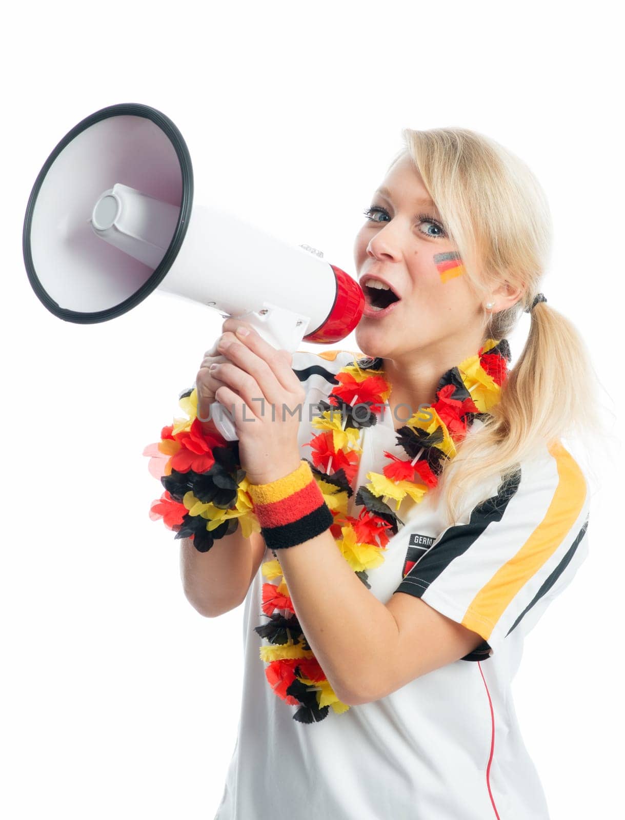 Blonde football fan with megaphone