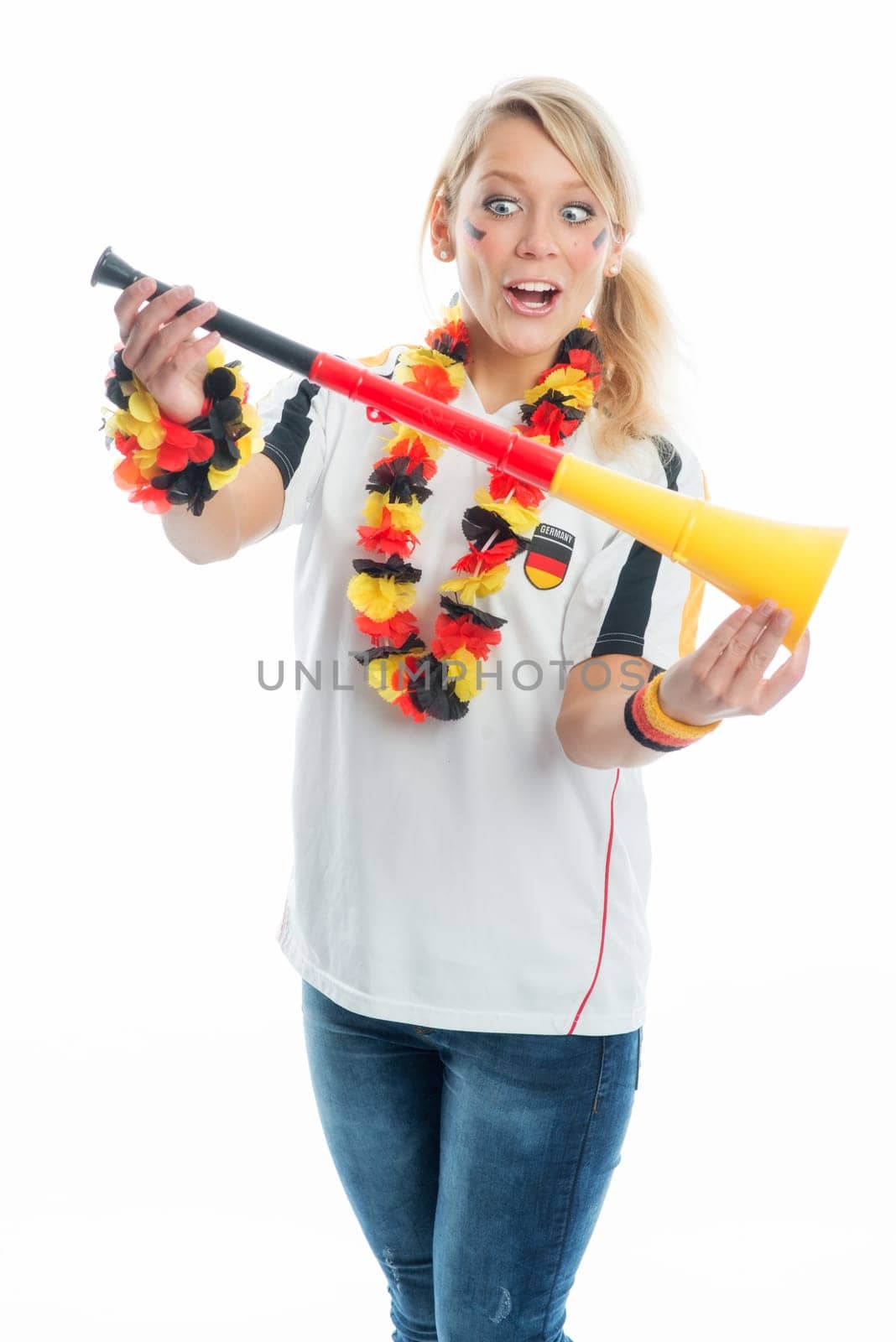 Blonde football fan with Vuvuzela