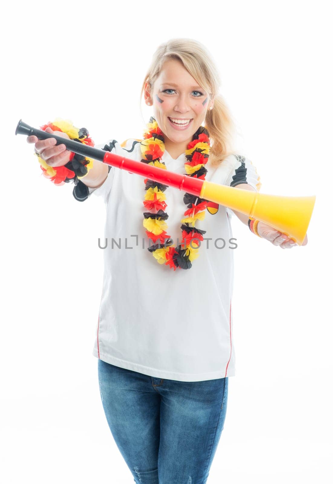 Blonde football fan with Vuvuzela