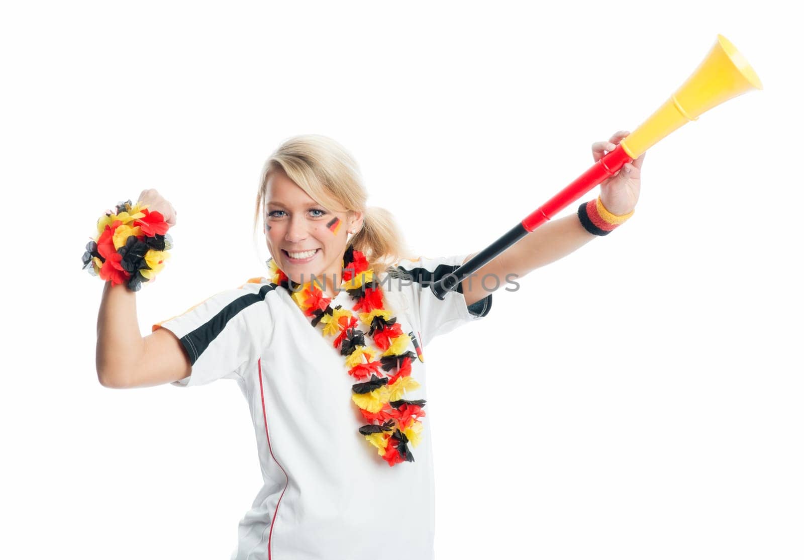 Blonde football fan with Vuvuzela