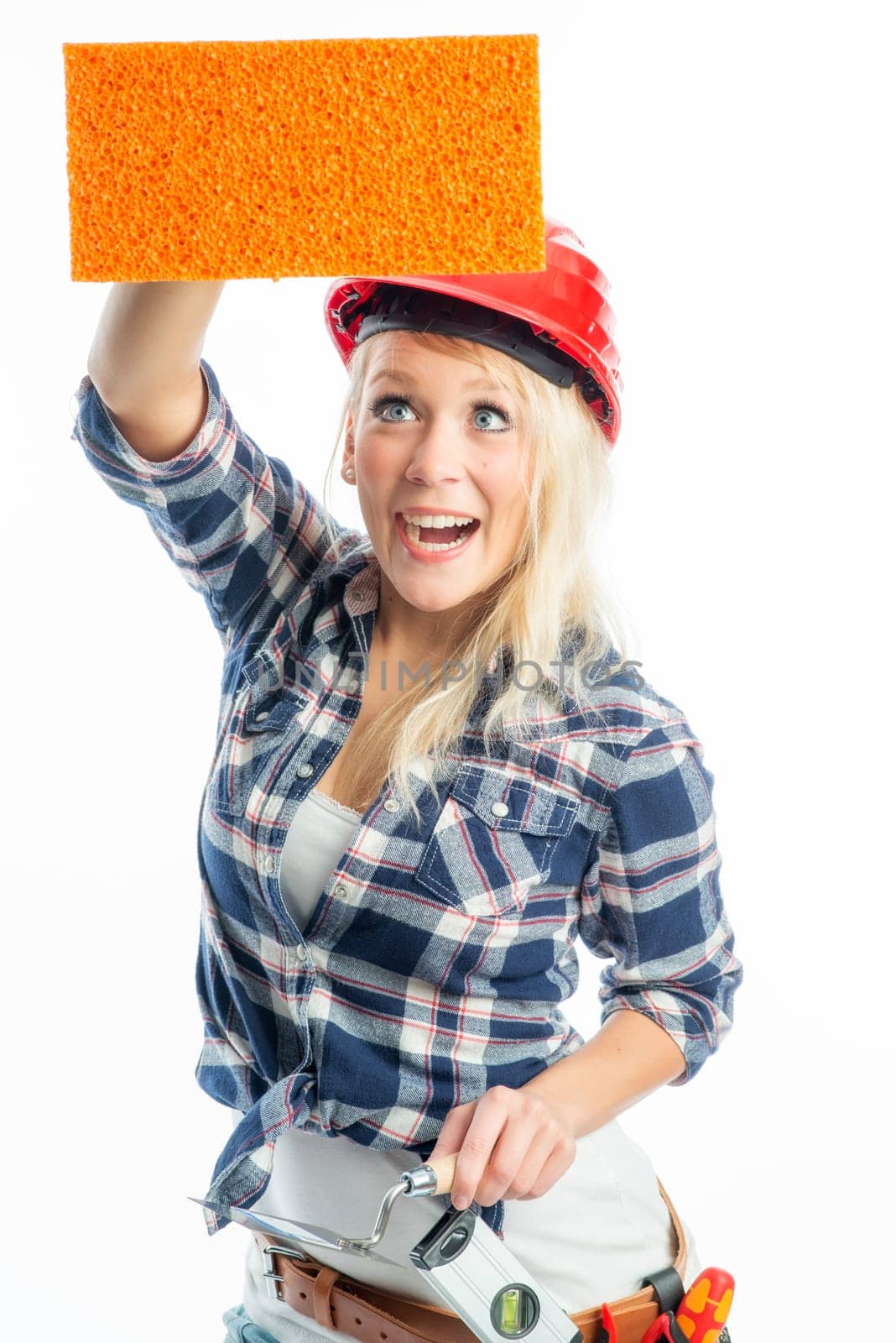 Female craftsman with sponge as advertising space
