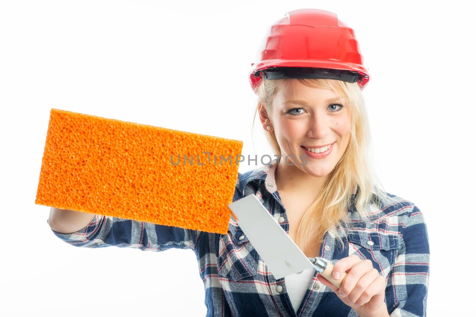 Female craftsman with sponge as advertising space