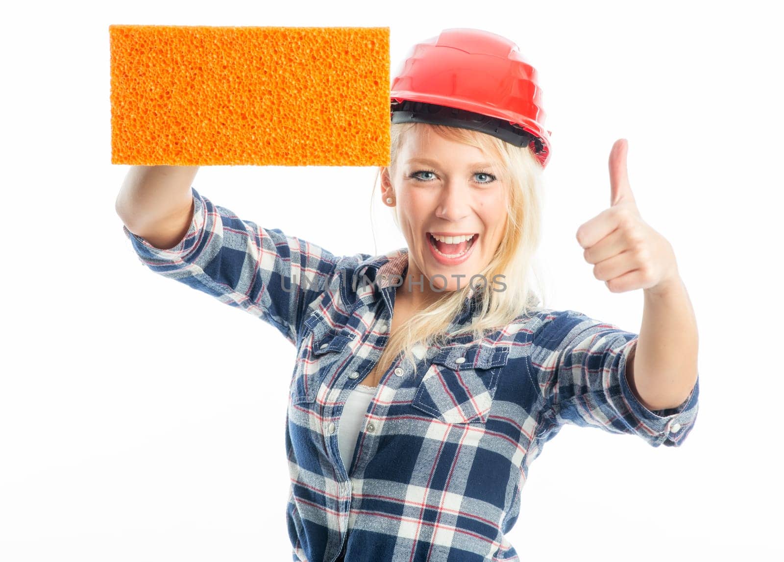 Female craftsman with sponge as advertising space