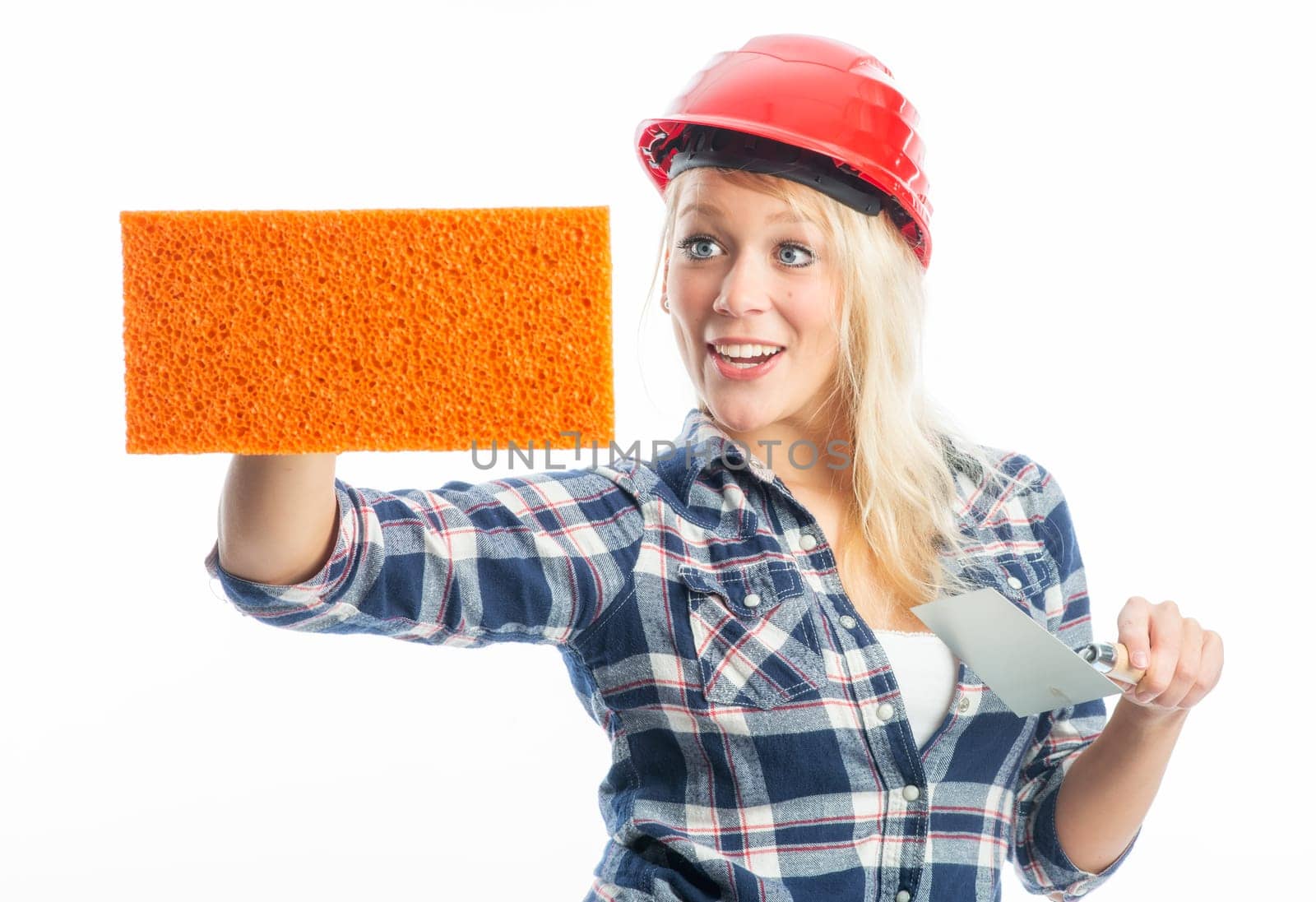 Female craftsman with sponge as advertising space