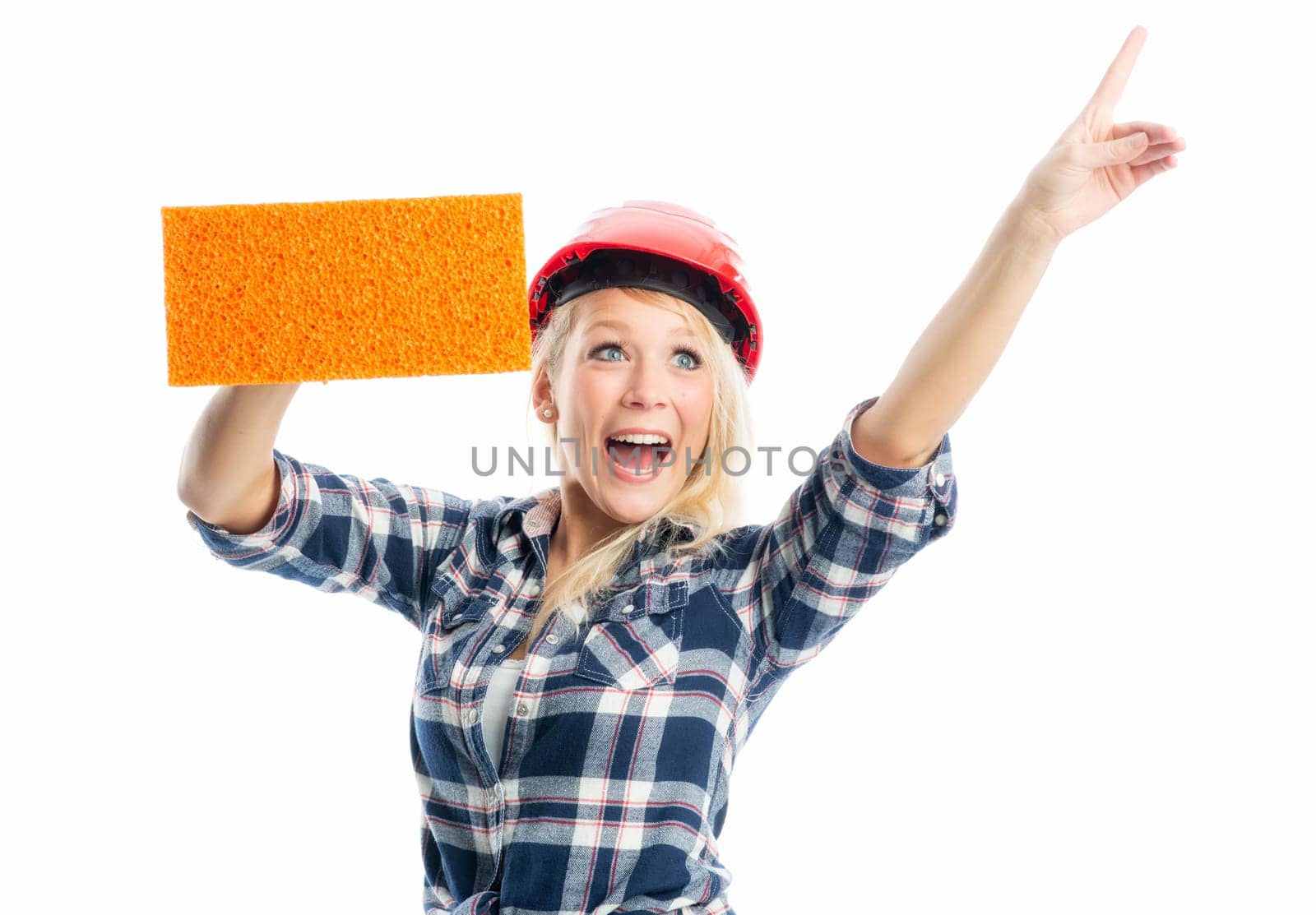 Female craftsman with sponge as advertising space