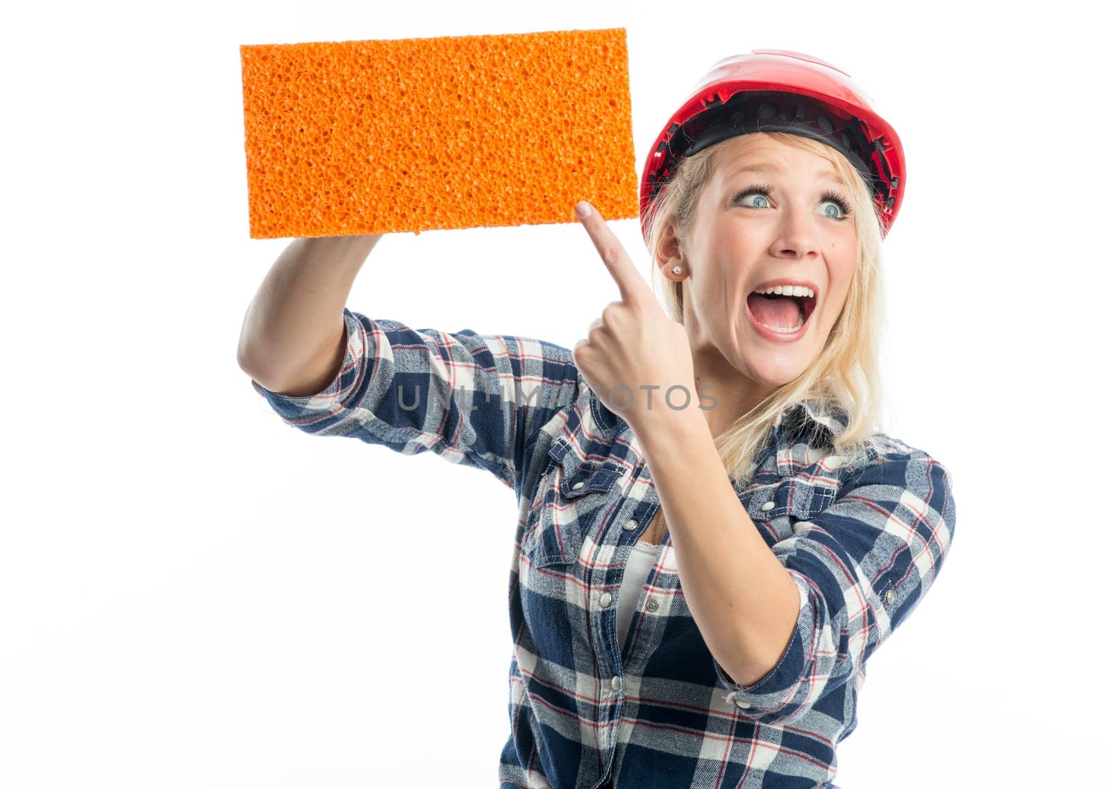 Female craftsman with sponge as advertising space
