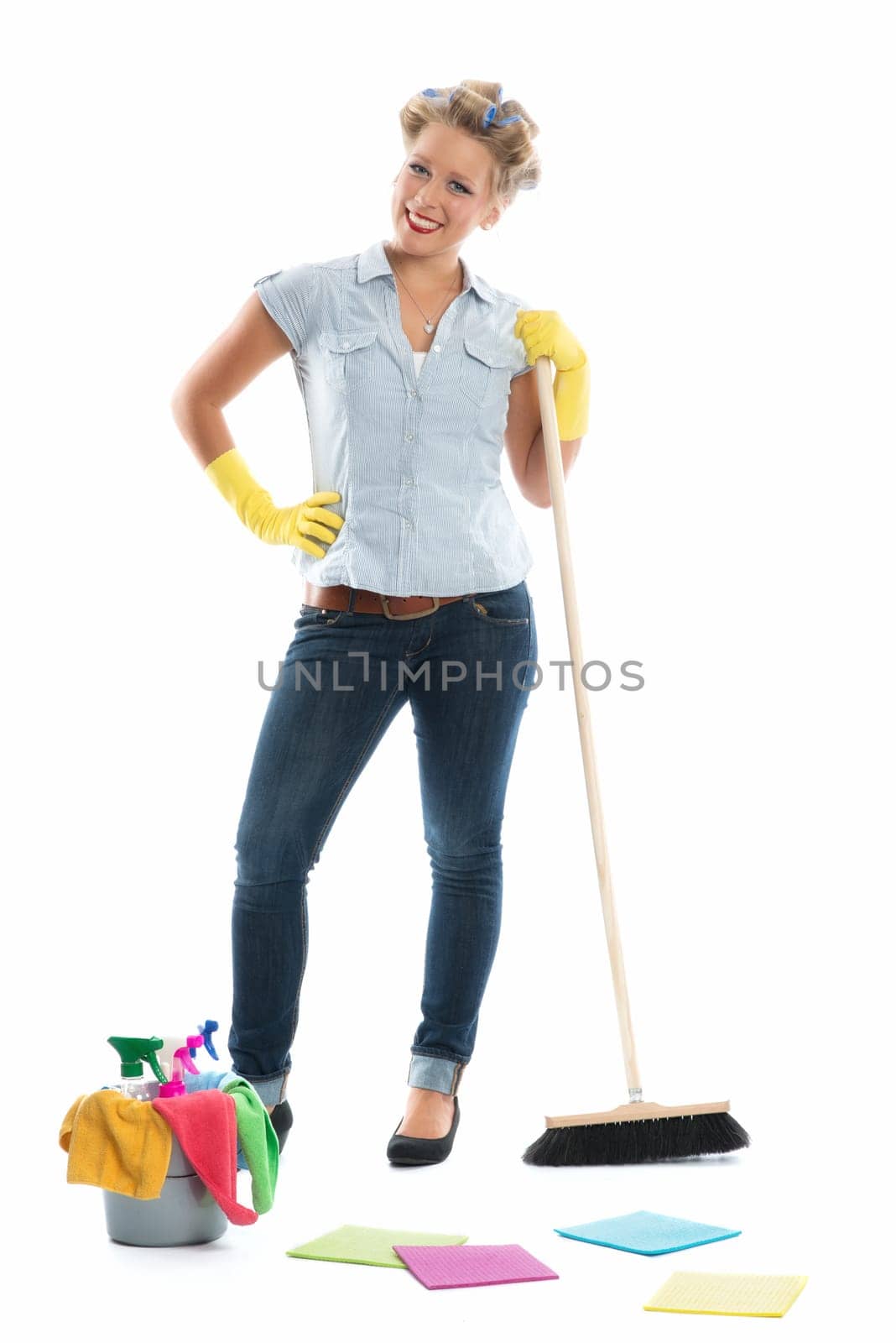 Housewife with bucket and bher