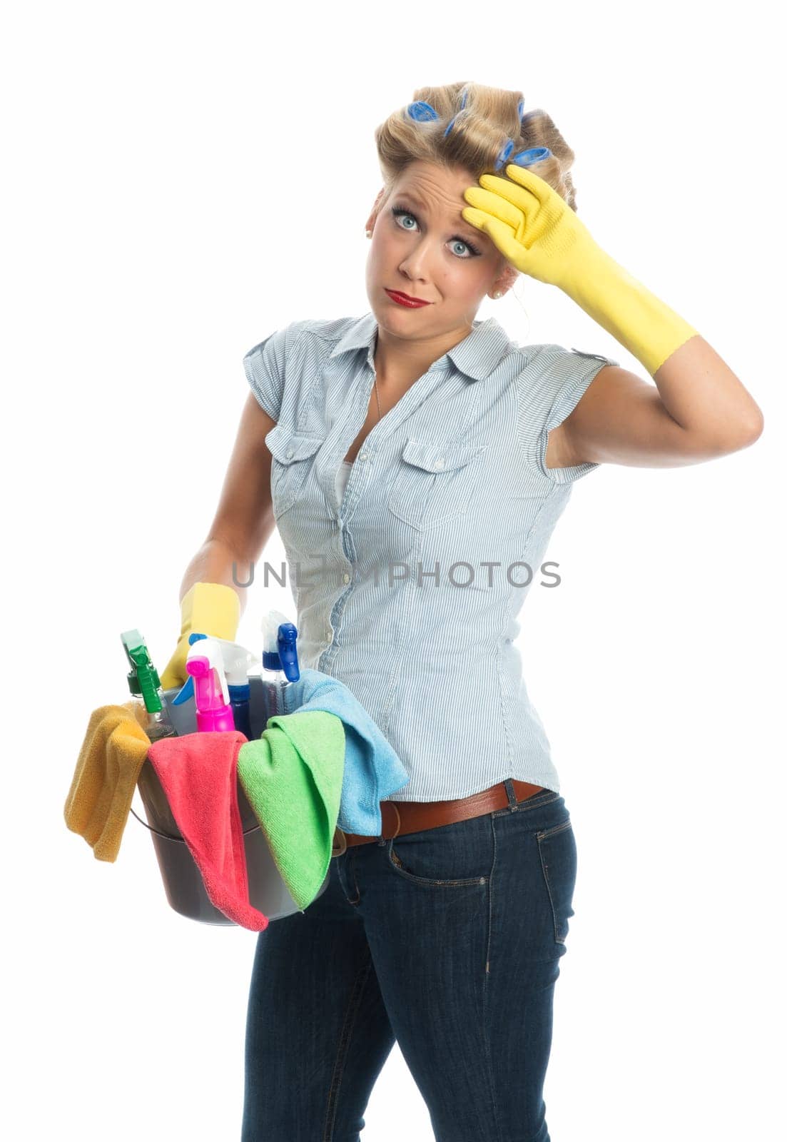 Tired cleaning lady with bucket