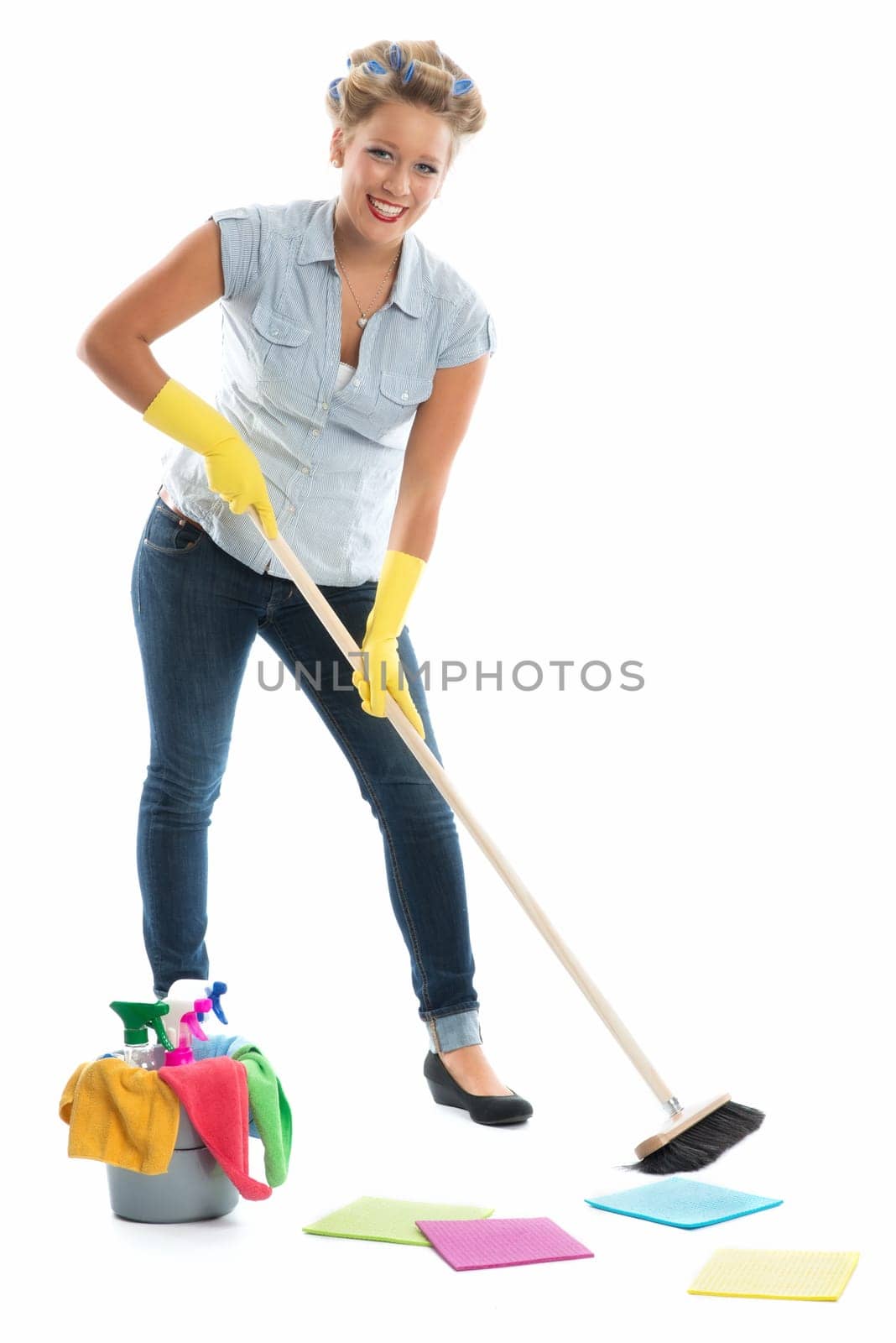 Housewife with cleaning equipment