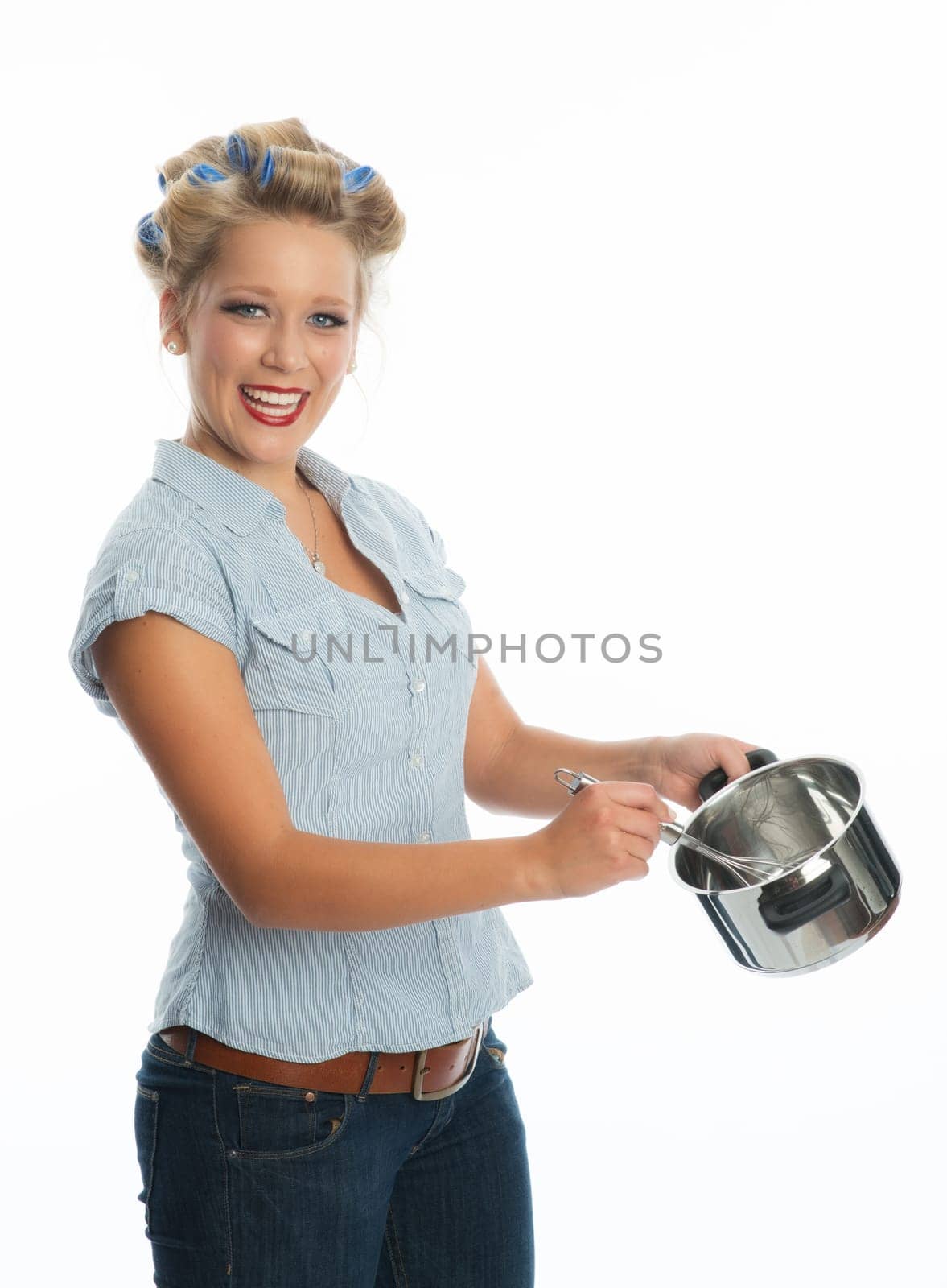 Blonde woman with cooking pot