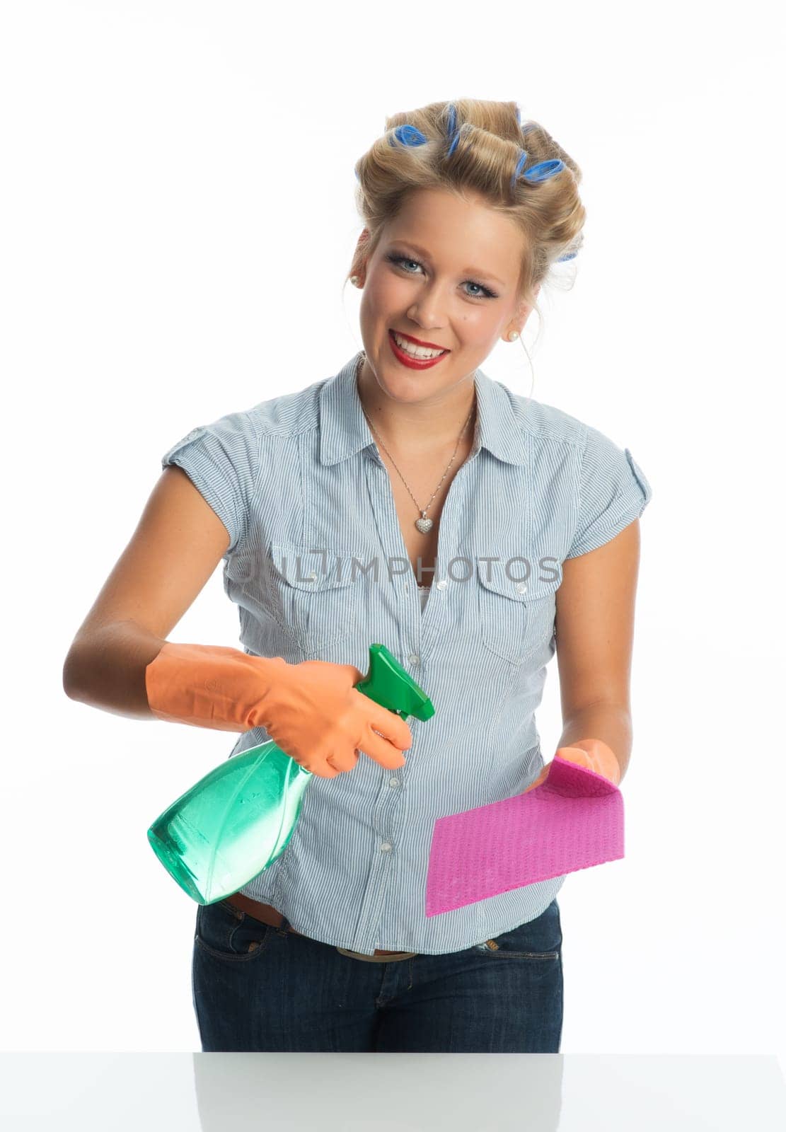 Housewife with spray bottle