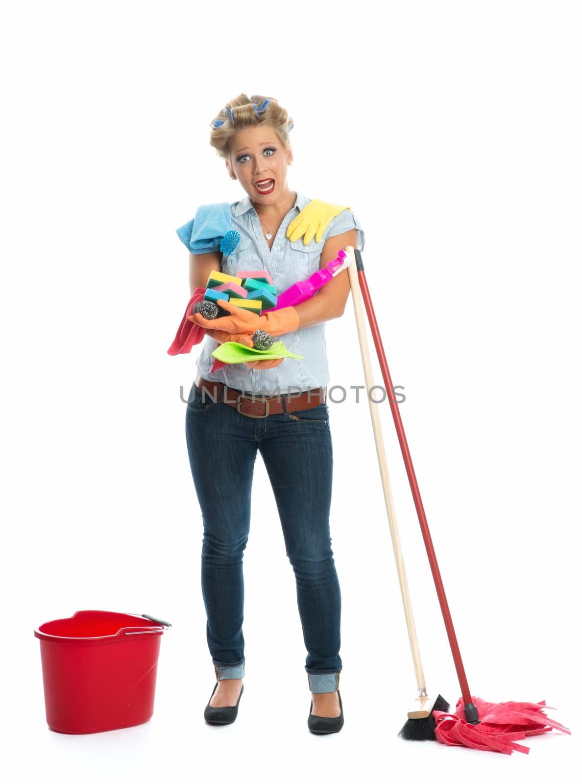Housewife with cleaning equipment