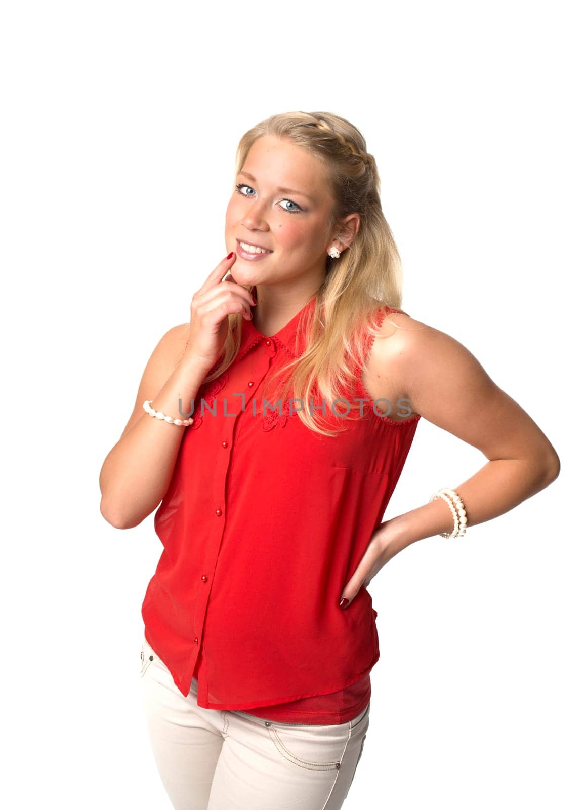 Woman in red blouse
