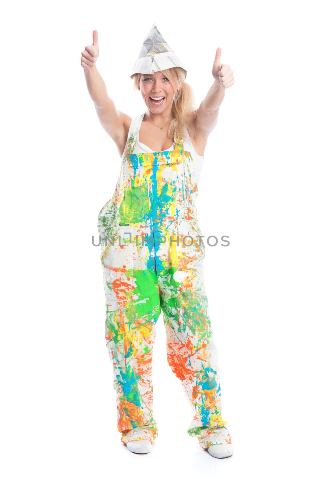 Cheerful painter in jumpsuit