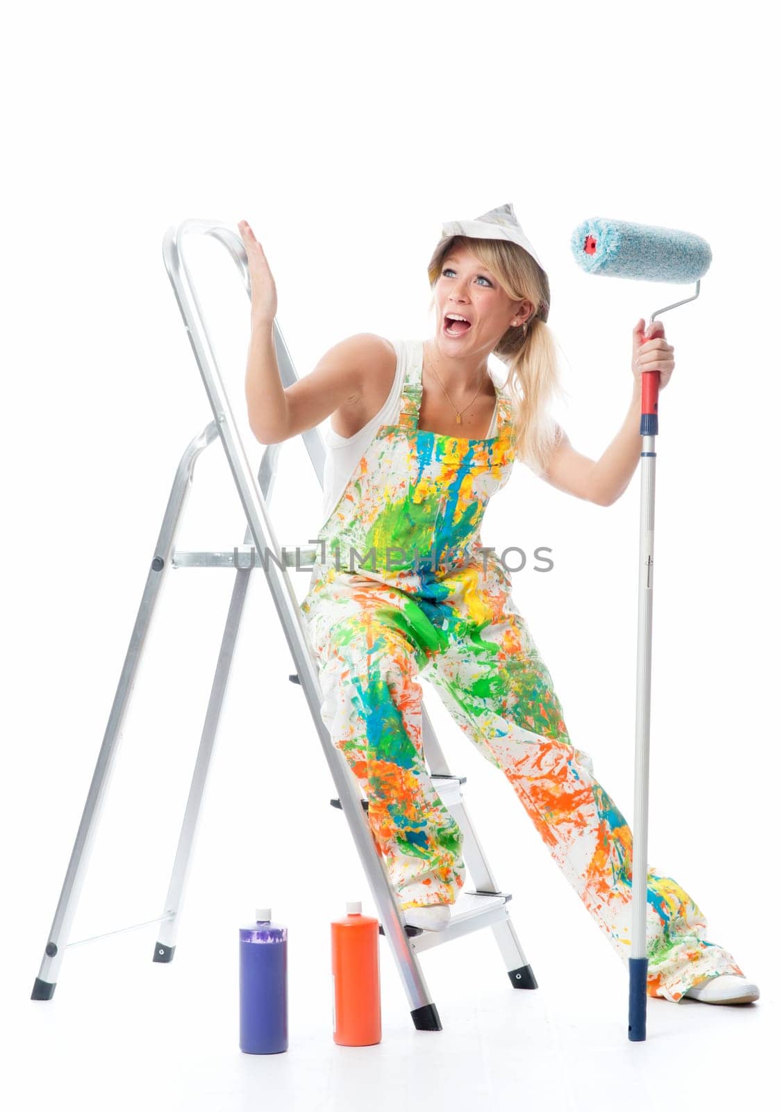 Awkward painter on step ladder