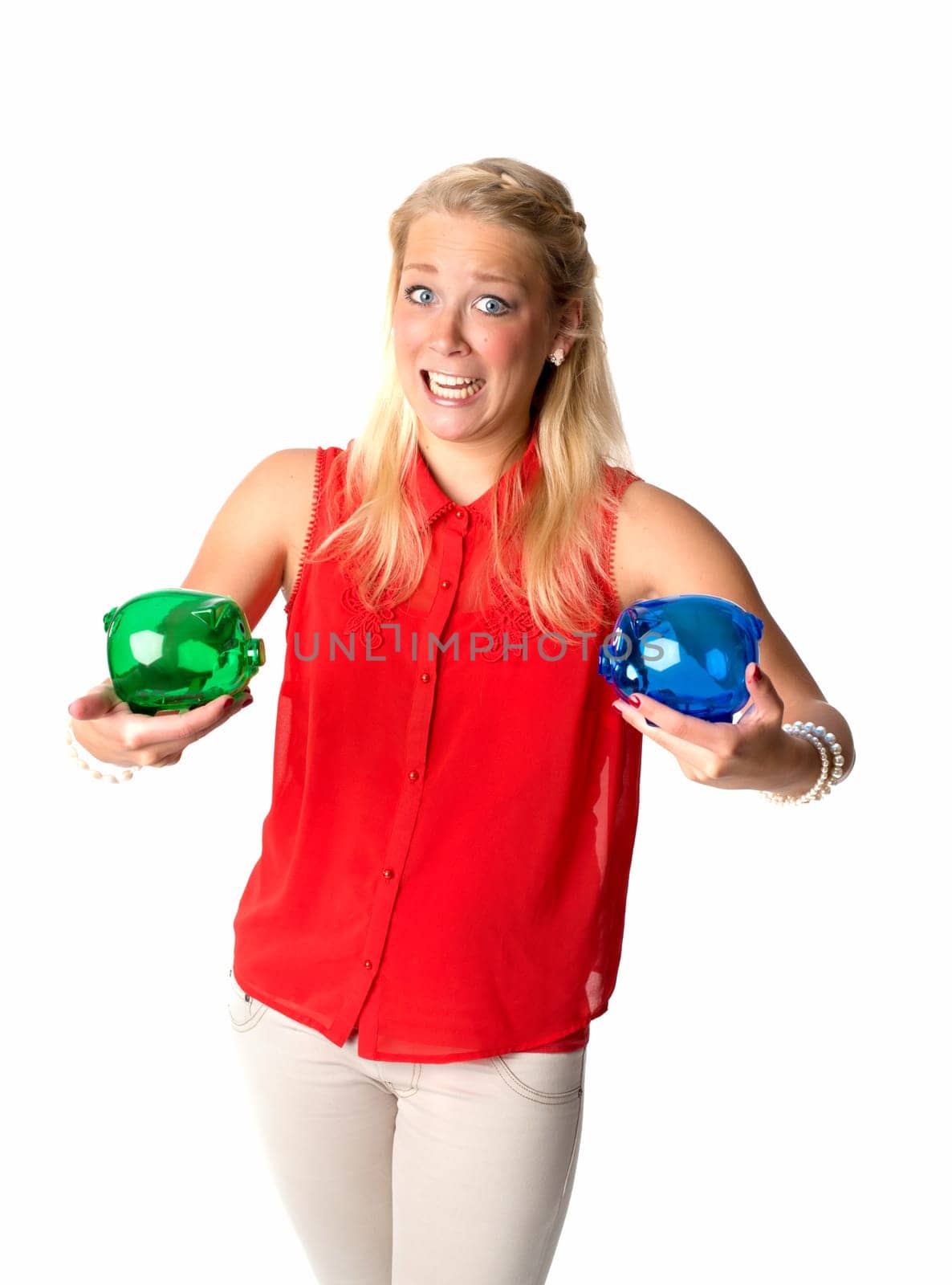 Blonde woman with piggy bank