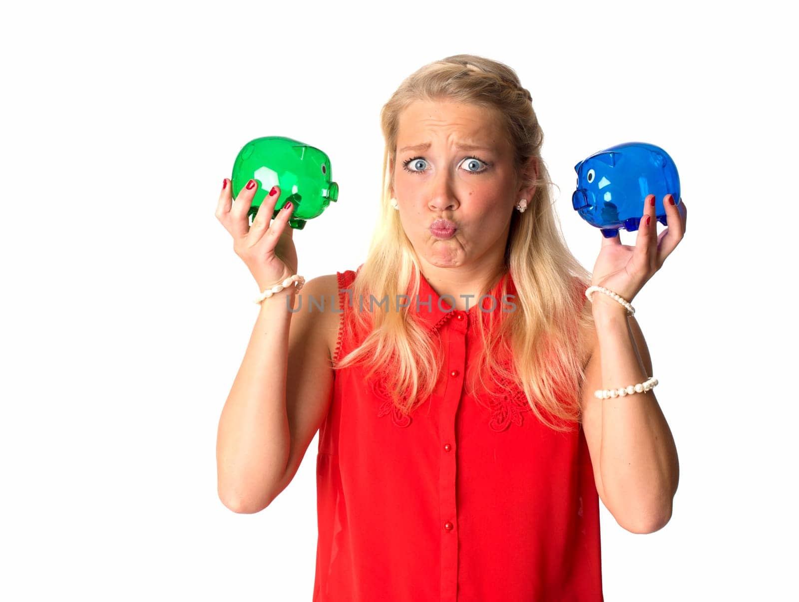 Blonde woman with piggy bank