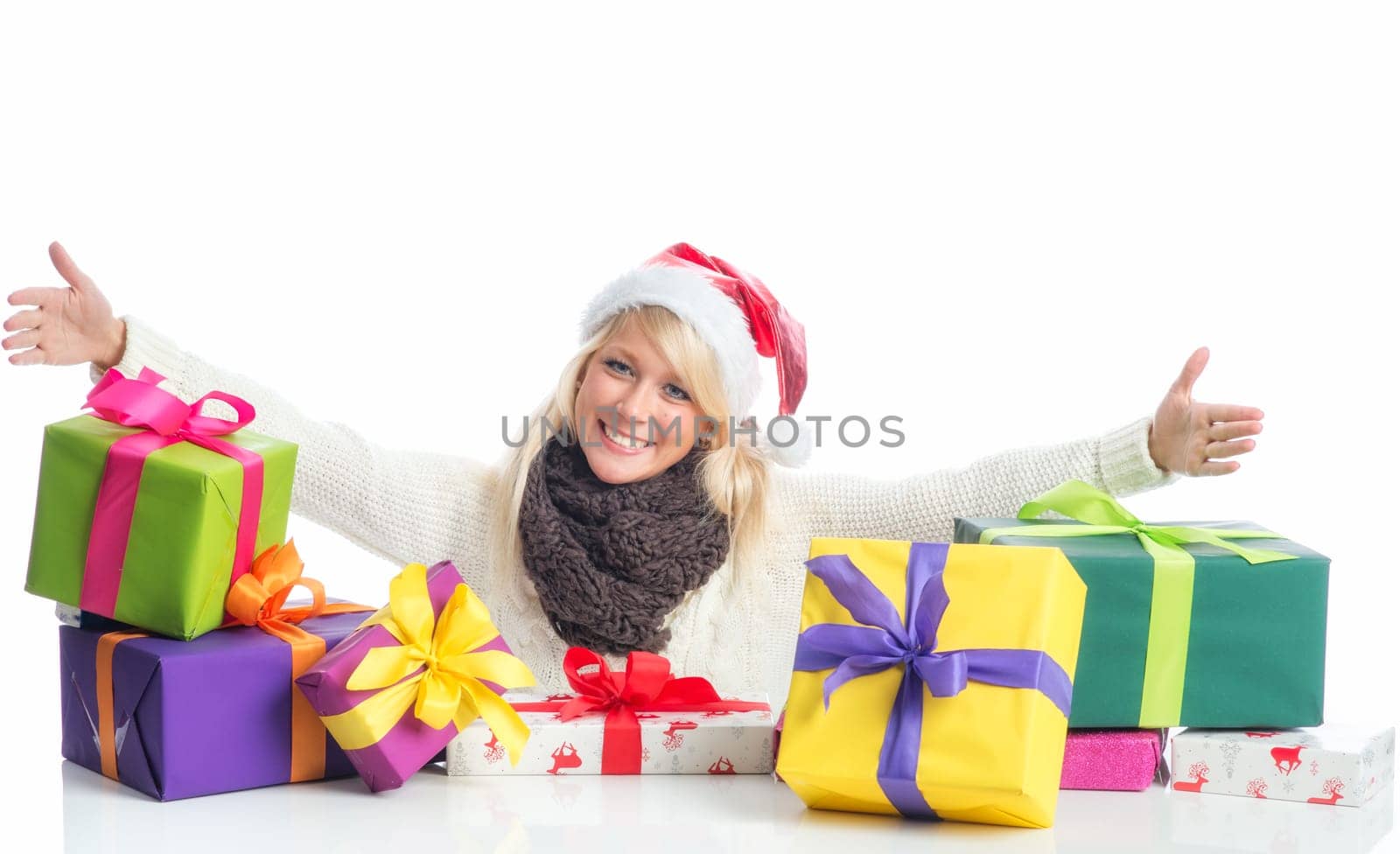 Christmas woman with piles of gifts