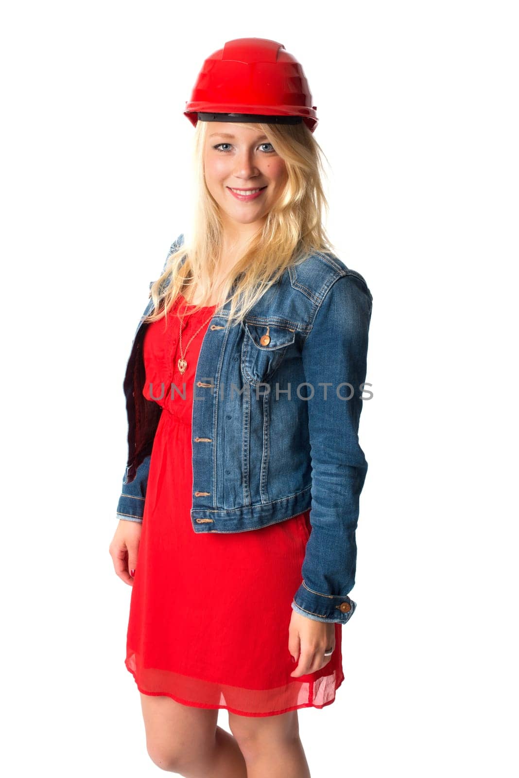 Woman with construction helmet