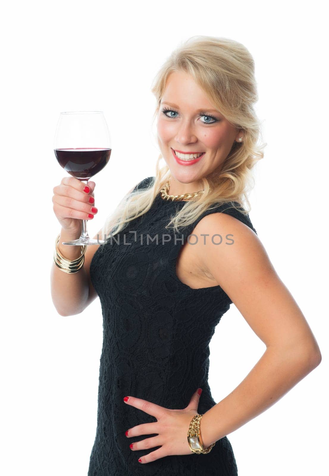 Blonde woman with glass of red wine