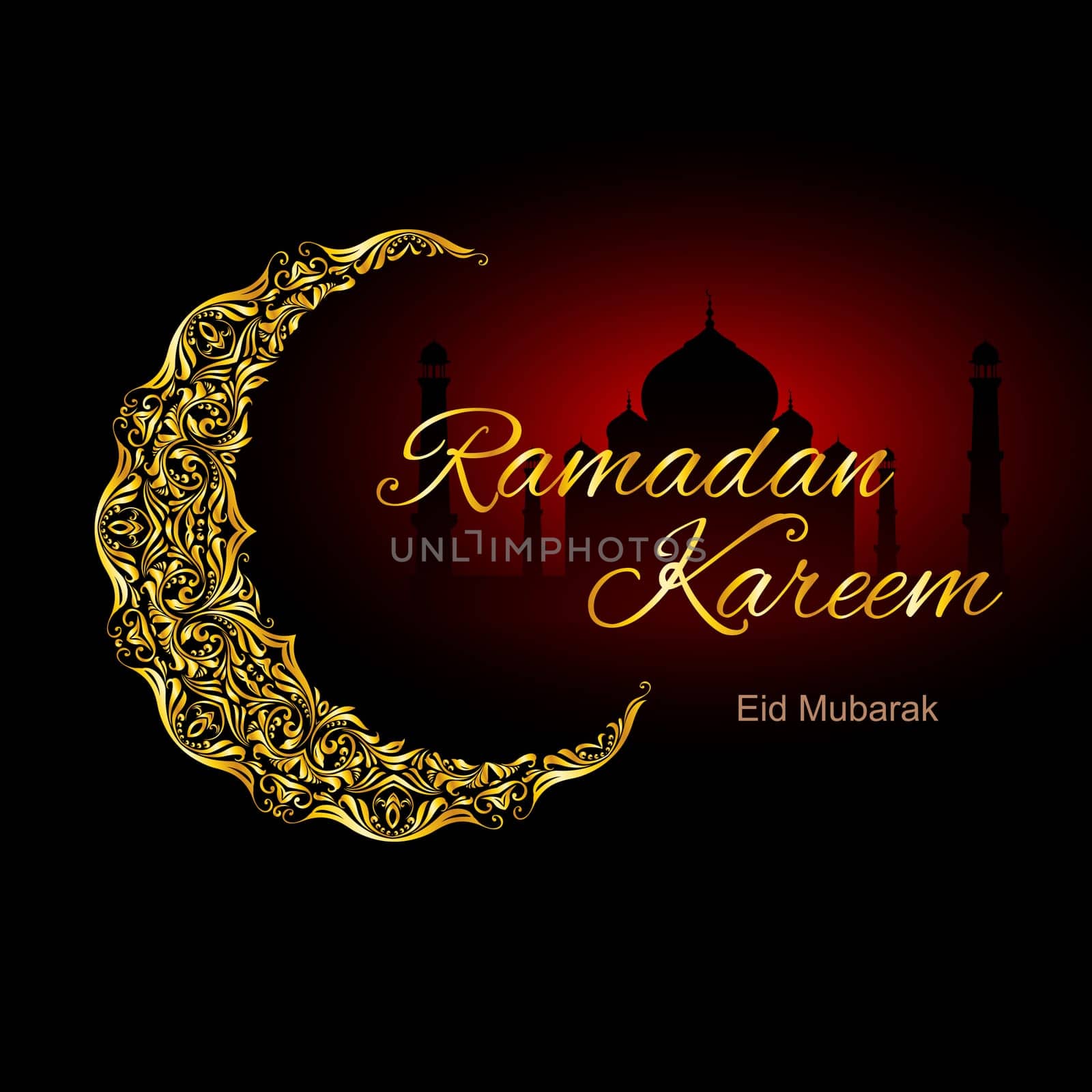 Golden ornate crescent with mosque on black and red background.  Greeting card of holy Muslim month Ramadan
