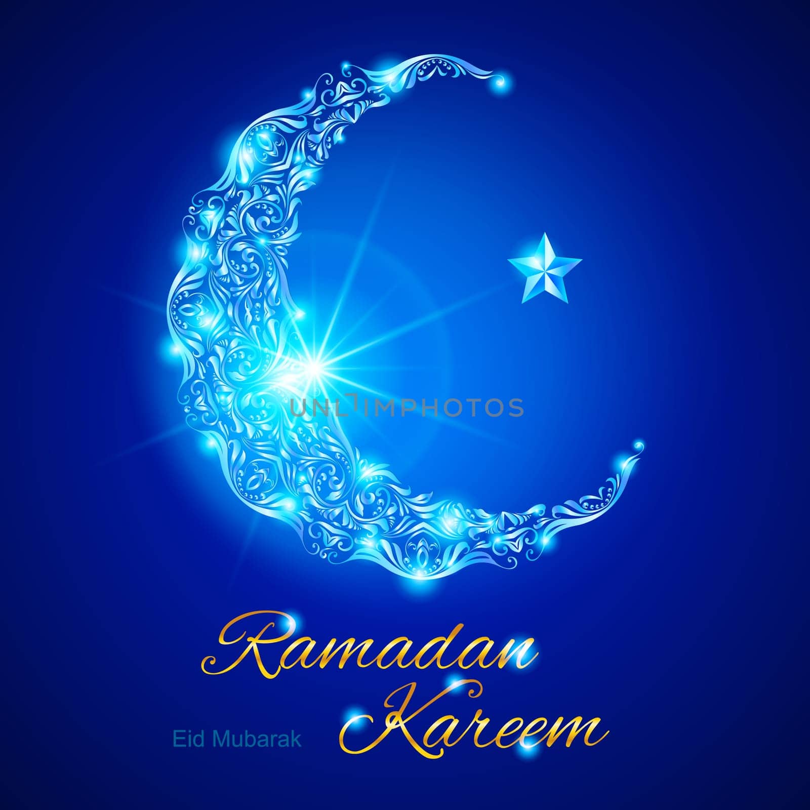 Glowing ornate crescent with bright flare and star in blue shades. Greeting card of holy Muslim month Ramadan