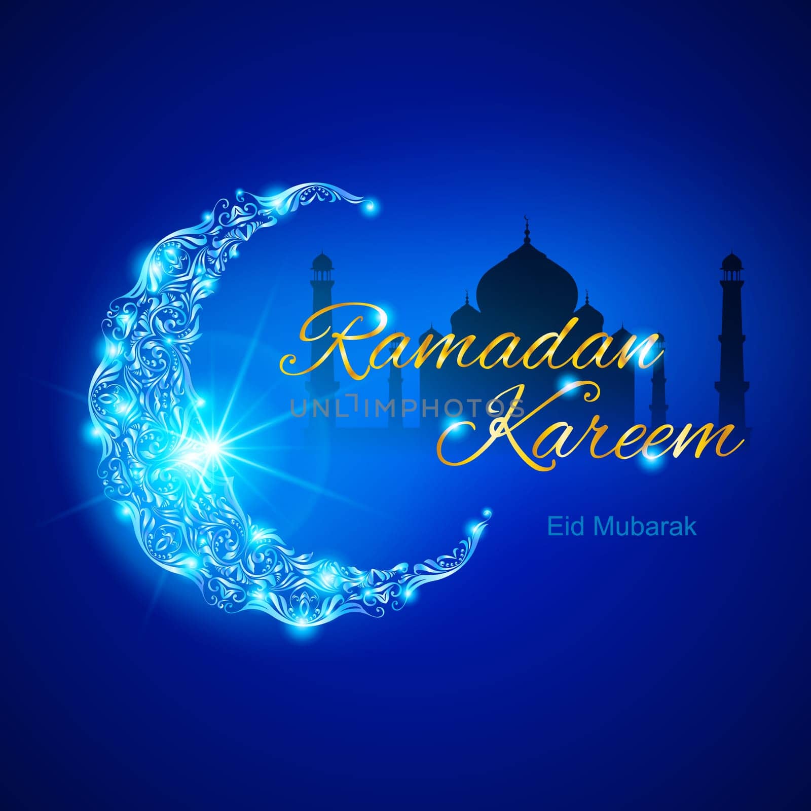 Glowing ornate crescent with mosque and bright flare. Illustration in blue shades. Greeting card of holy Muslim month Ramadan