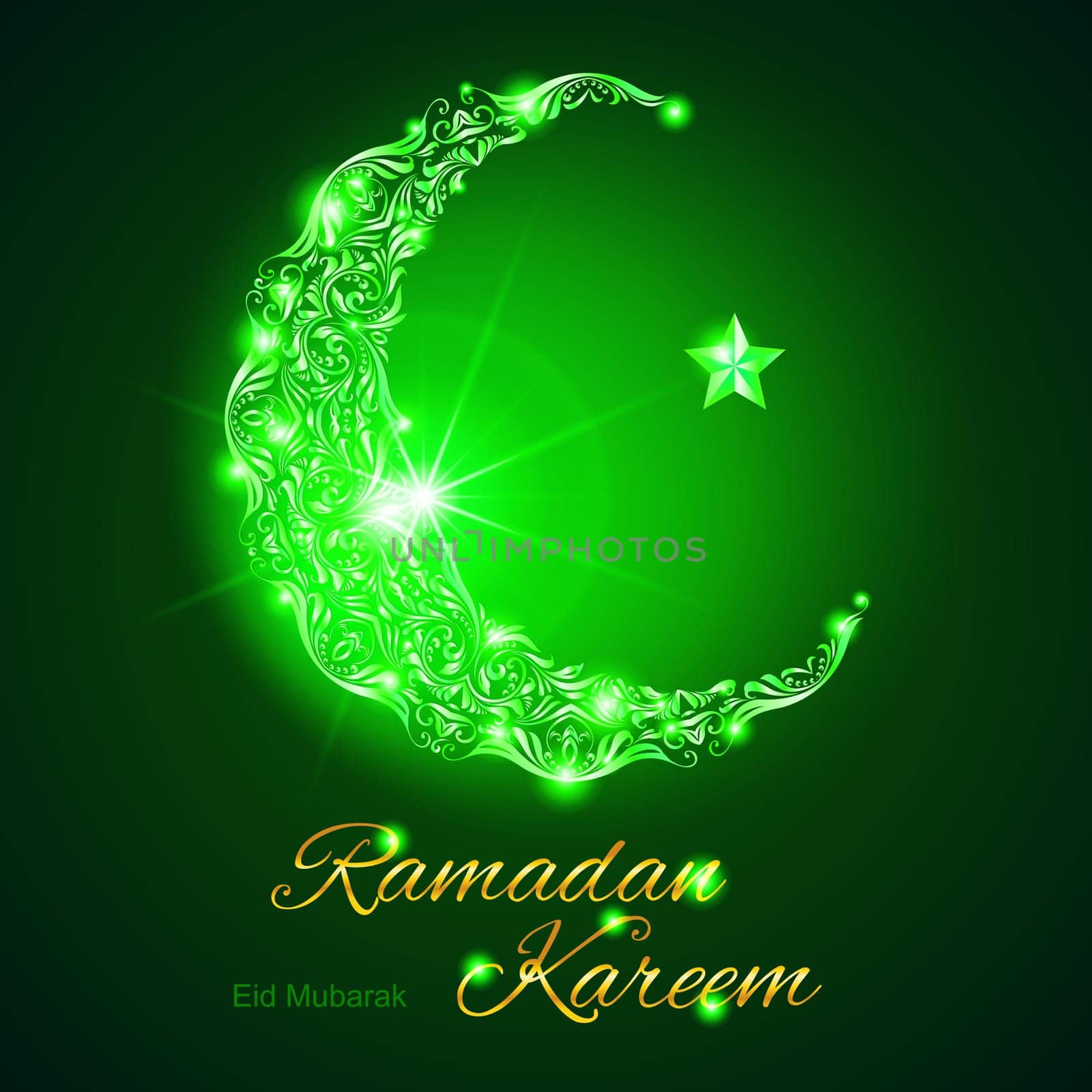 Glowing ornate crescent with bright flare and star in green shades. Greeting card of holy Muslim month Ramadan