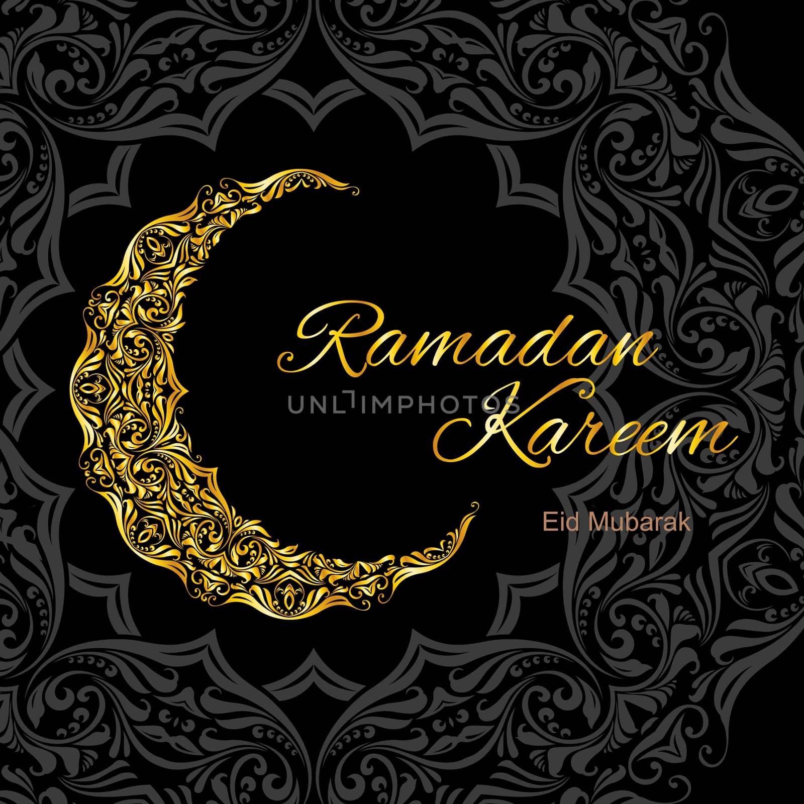 Golden ornate crescent on black and grey background of asian floral ornament. Greeting card of holy Muslim month Ramadan